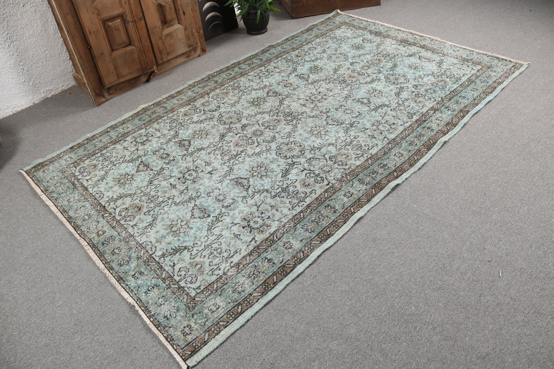 Büyük Vintage Halı, Yatak Odası Halısı, Vintage Halılar, Türk Halıları, Büyük Oushak Halısı, Oryantal Halılar, 5x8,3 ft Büyük Halı, Yeşil Antika Halı