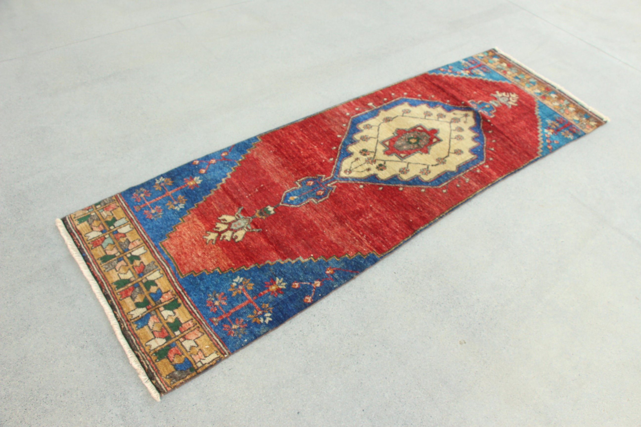 Türk Halıları, Vintage Halılar, 2.3x7.1 ft Runner Halı, Kırmızı Açıklama Halısı, Koridor Halıları, Merdiven Halıları, Düz Dokuma Halı, Soğuk Halı, Koridor Halısı