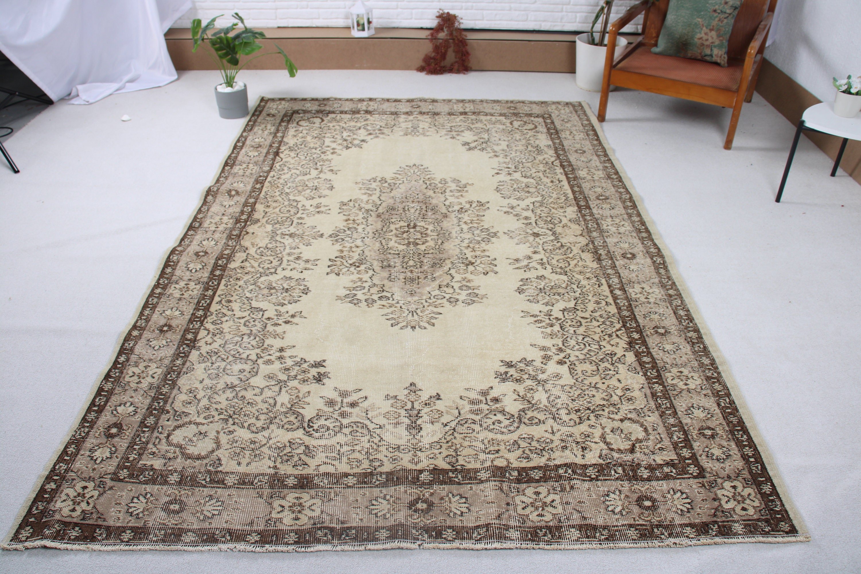 Aztek Halıları, Yemek Odası Halıları, Oturma Odası Halıları, Türk Halıları, Bej Yün Halı, Yün Halılar, 5,8x8,9 ft Büyük Halı, Nötr Halılar, Vintage Halılar