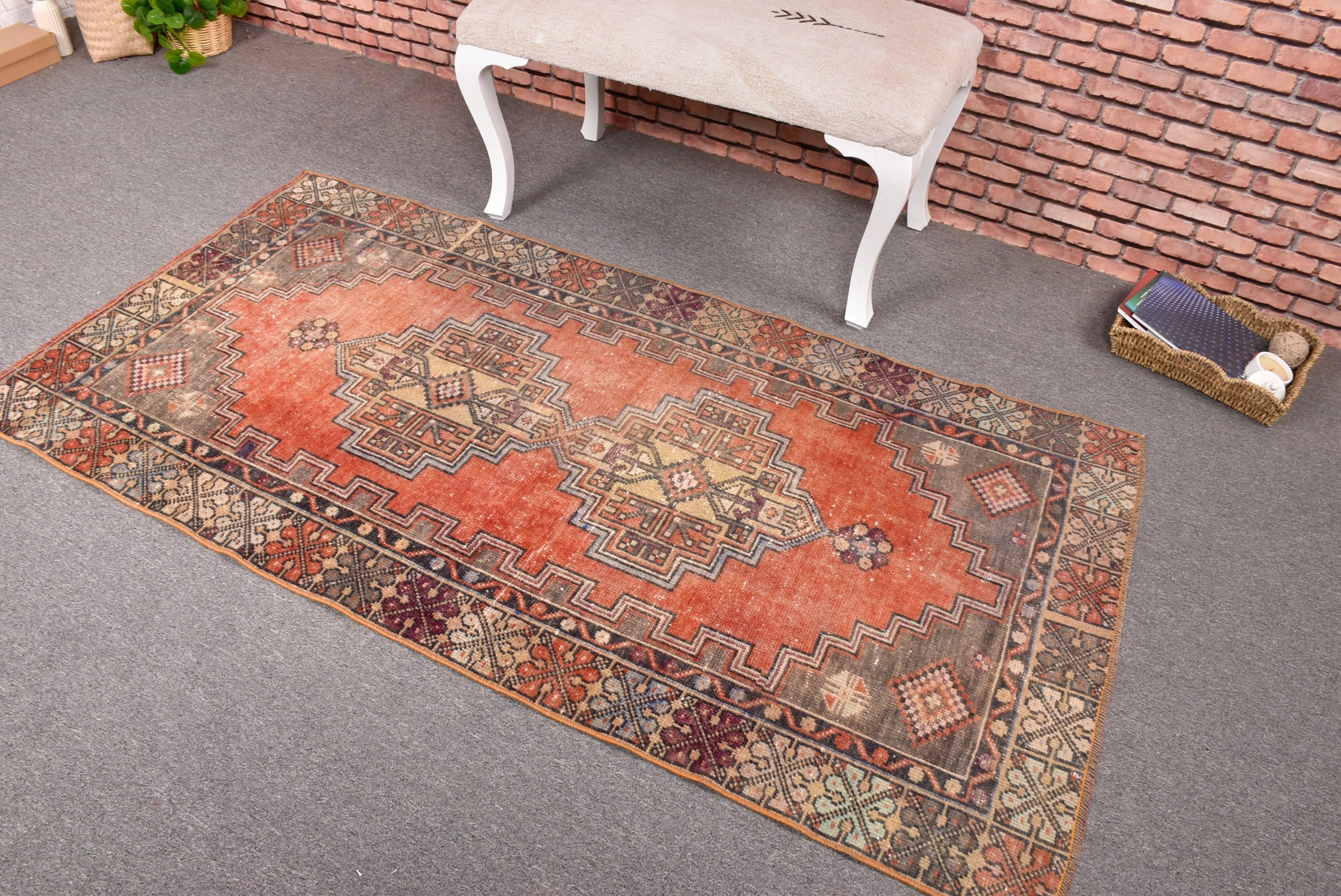 Turkish Rugs, Neutral Rugs, Vintage Rugs, Red Wool Rugs, Vintage Accent Rug, Flatweave Rugs, Rugs for Decorative, 3.2x6.2 ft Accent Rug