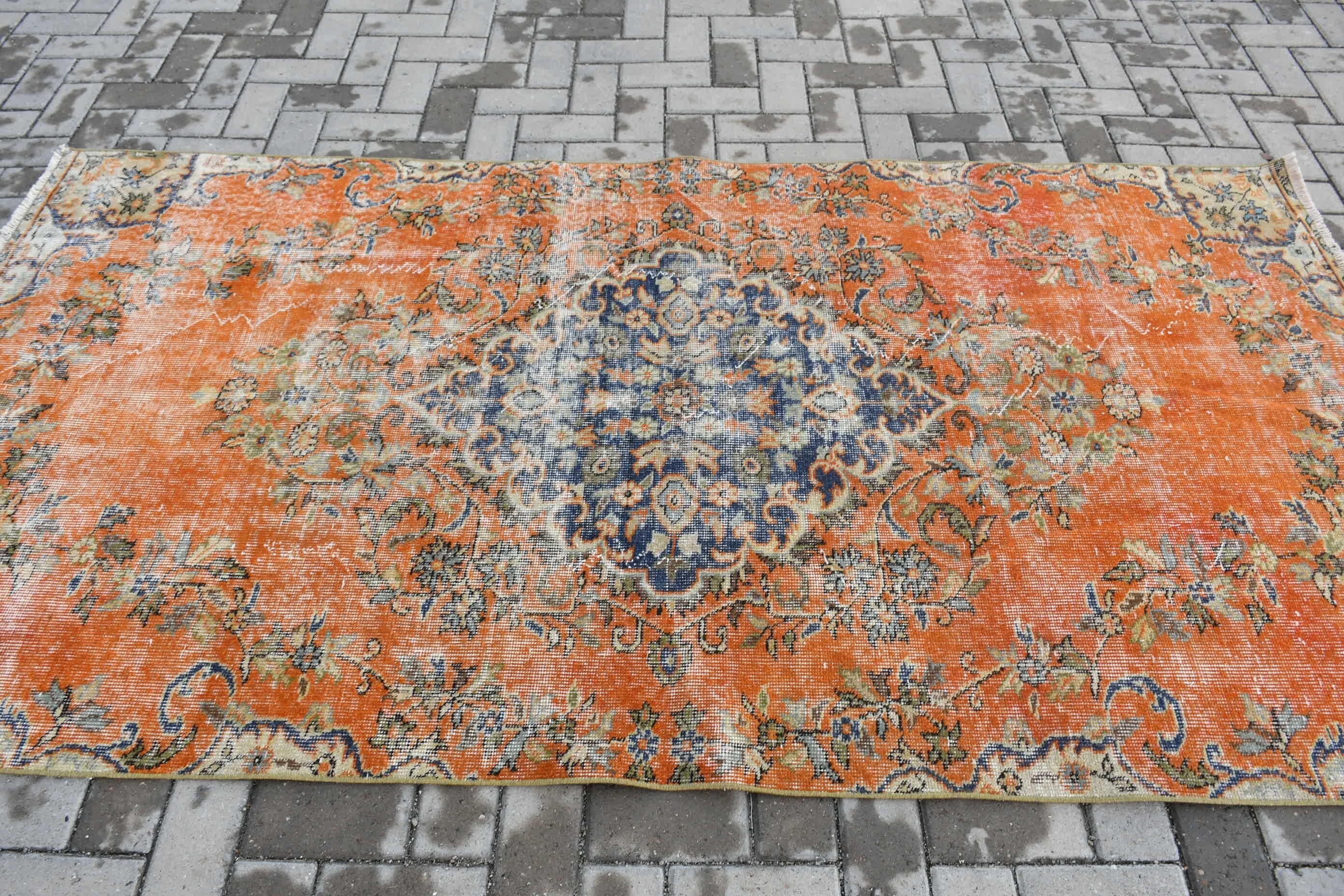 Turuncu Antika Halı, Vintage Halı, Türk Halıları, İç Mekan Halıları, Çocuk Odası Halıları, Oushak Halısı, 4.2x8.1 ft Alan Kilimi, Soğuk Halı, Vintage Oushak Halısı