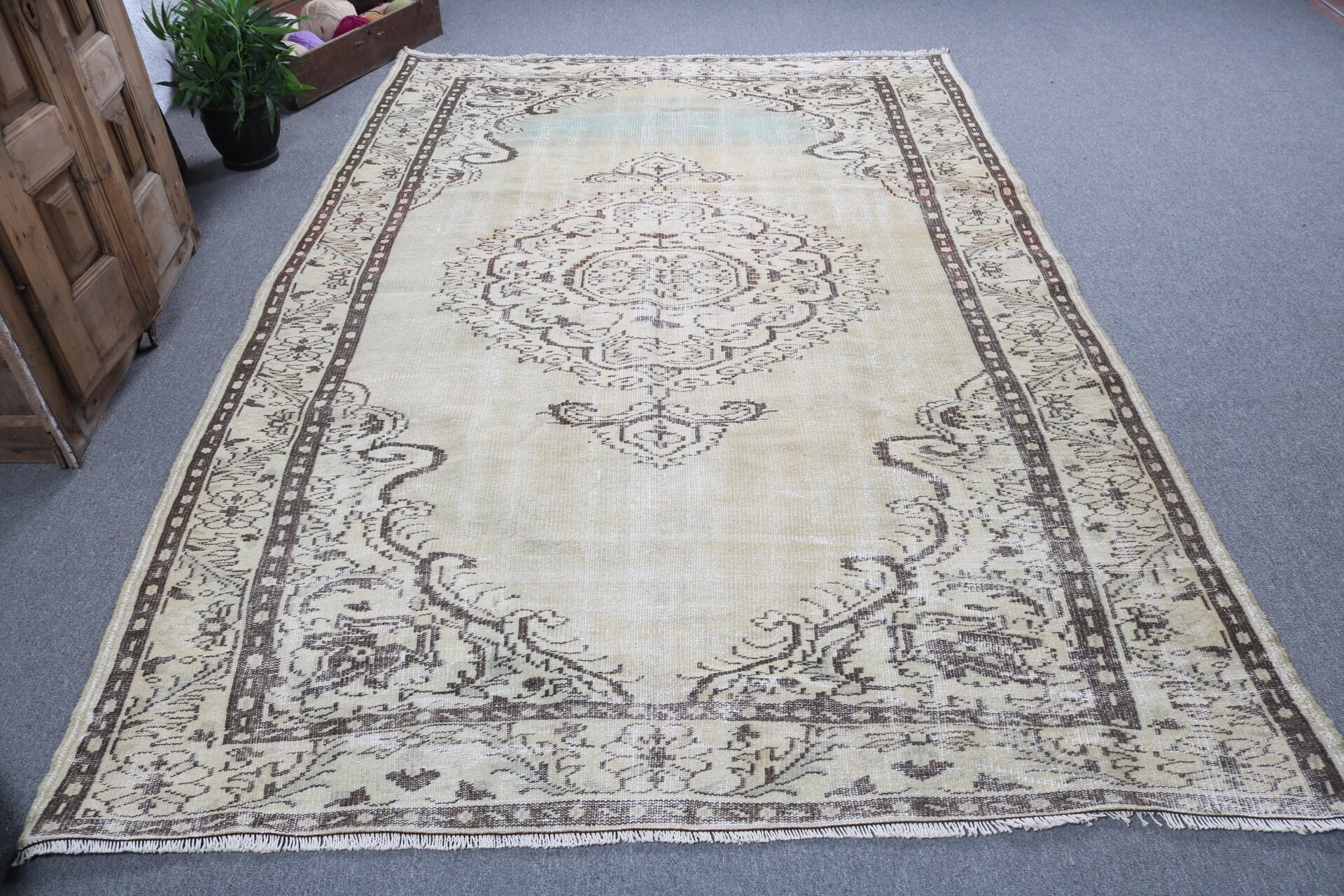 Sarı Oryantal Halılar, Büyük Boho Halı, Geometrik Halılar, 6.1x9 ft Büyük Halı, Yemek Odası Halıları, Türk Halısı, Vintage Halı, Oushak Halıları