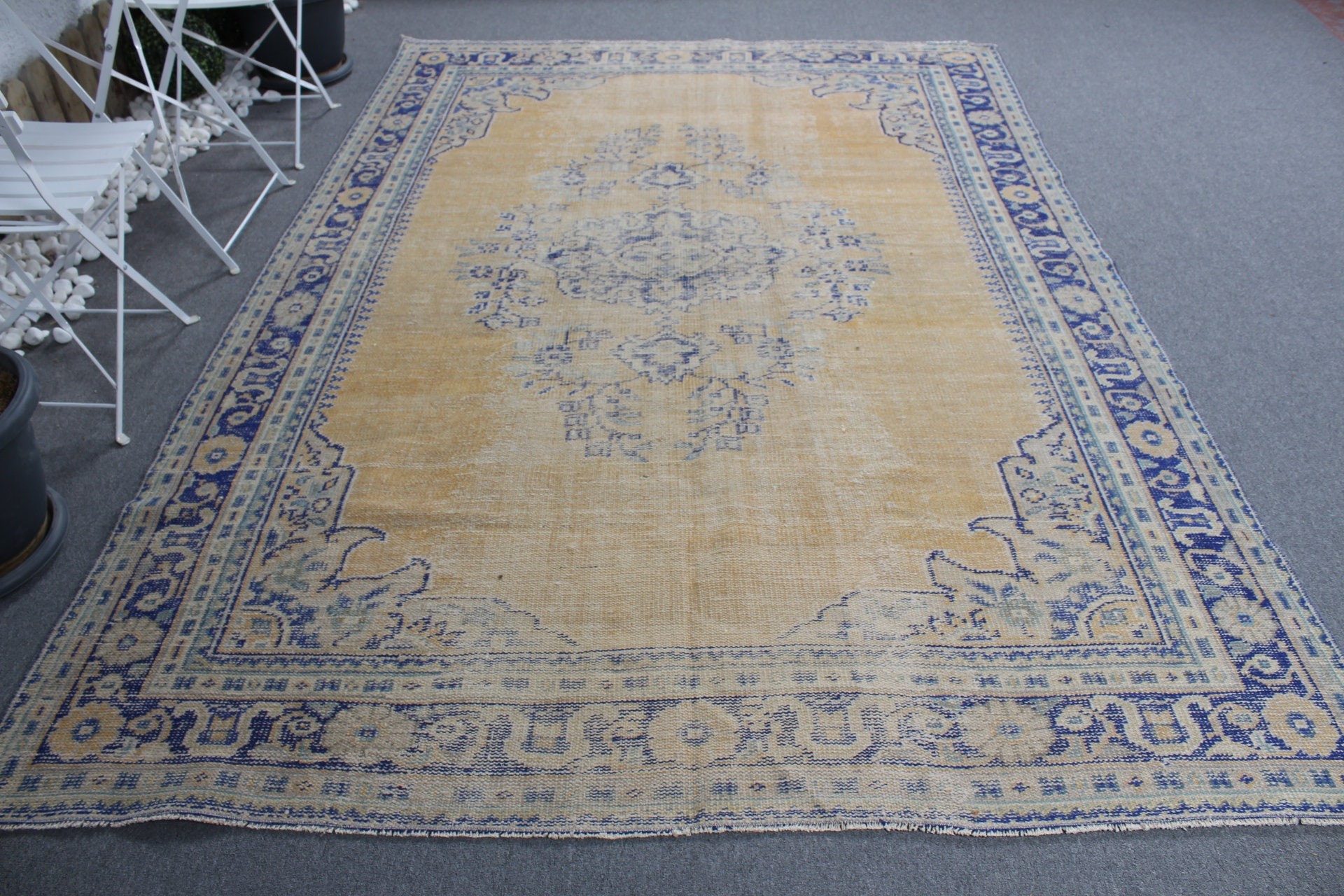 Oturma Odası Halıları, Oryantal Halılar, Vintage Halılar, Sarı 6,7x9,4 ft Büyük Halı, Yün Halı, Türk Halısı, Salon Halıları, Doğal Halı