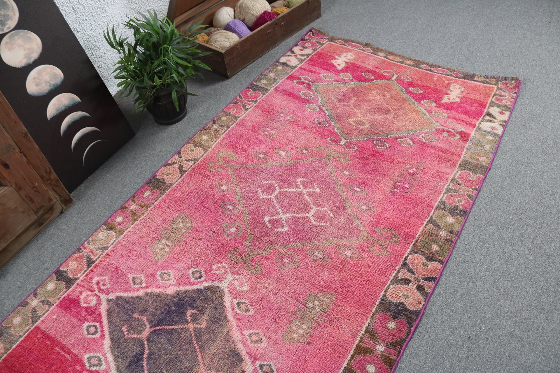 3.6x10.3 ft Runner Rug, Geometric Rug, Anatolian Rugs, Kitchen Rug, Turkish Rug, Hallway Rugs, Boho Rugs, Vintage Rug, Pink Flatweave Rugs