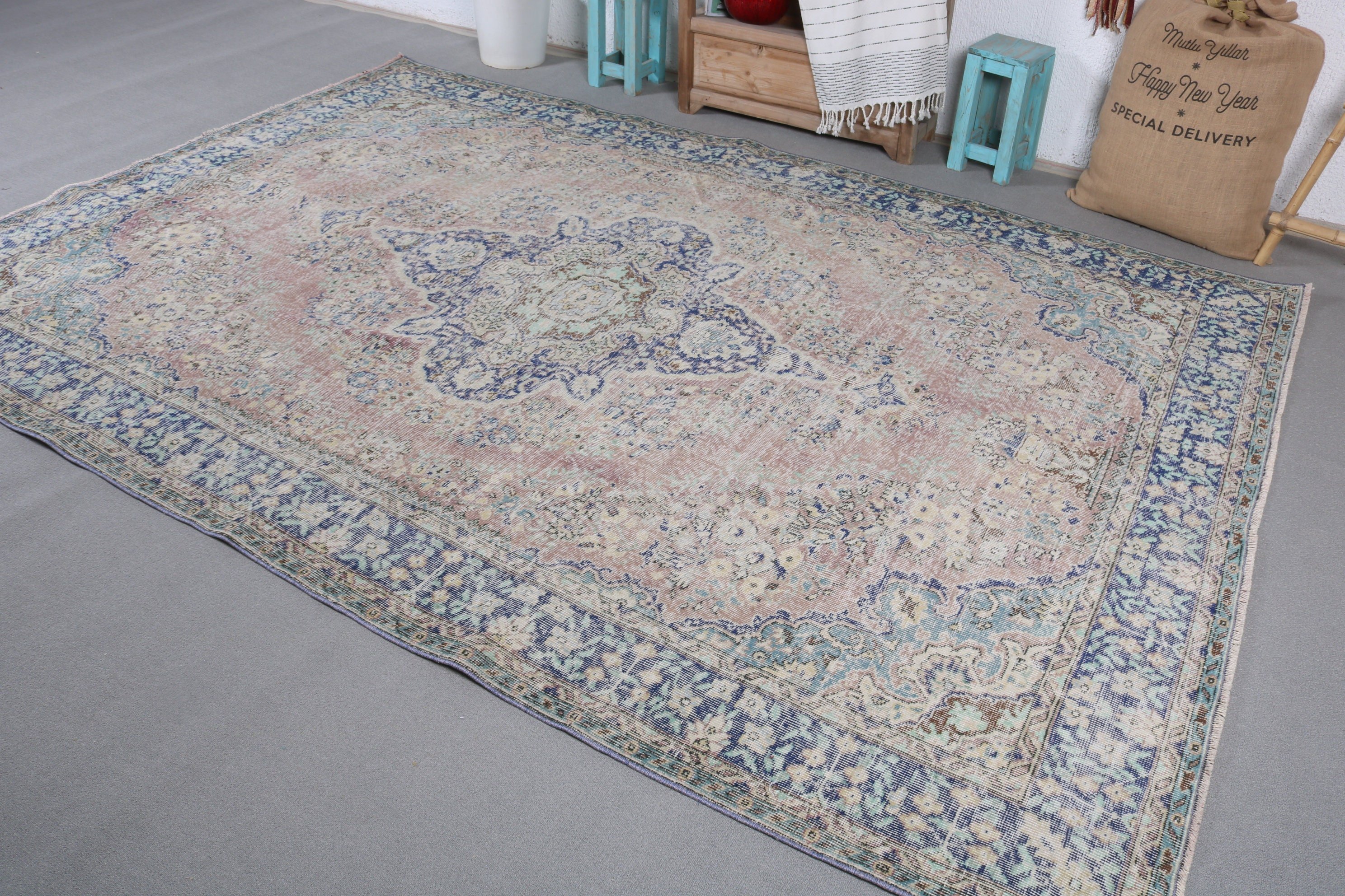 Yer Halısı, Oturma Odası Halısı, 6.8x9.9 ft Büyük Halı, Vintage Halı, Yatak Odası Halısı, Türk Halıları, Soluk Halılar, Mavi Yer Halısı, Yemek Odası Halıları