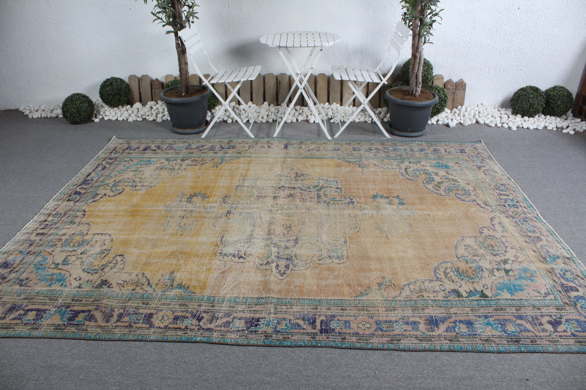 6.9x9.4 ft Büyük Halılar, Vintage Halı, Boho Halı, Oturma Odası Halısı, Sarı Yün Halı, Yer Halısı, Sanat Halısı, Yatak Odası Halısı, Türk Halısı