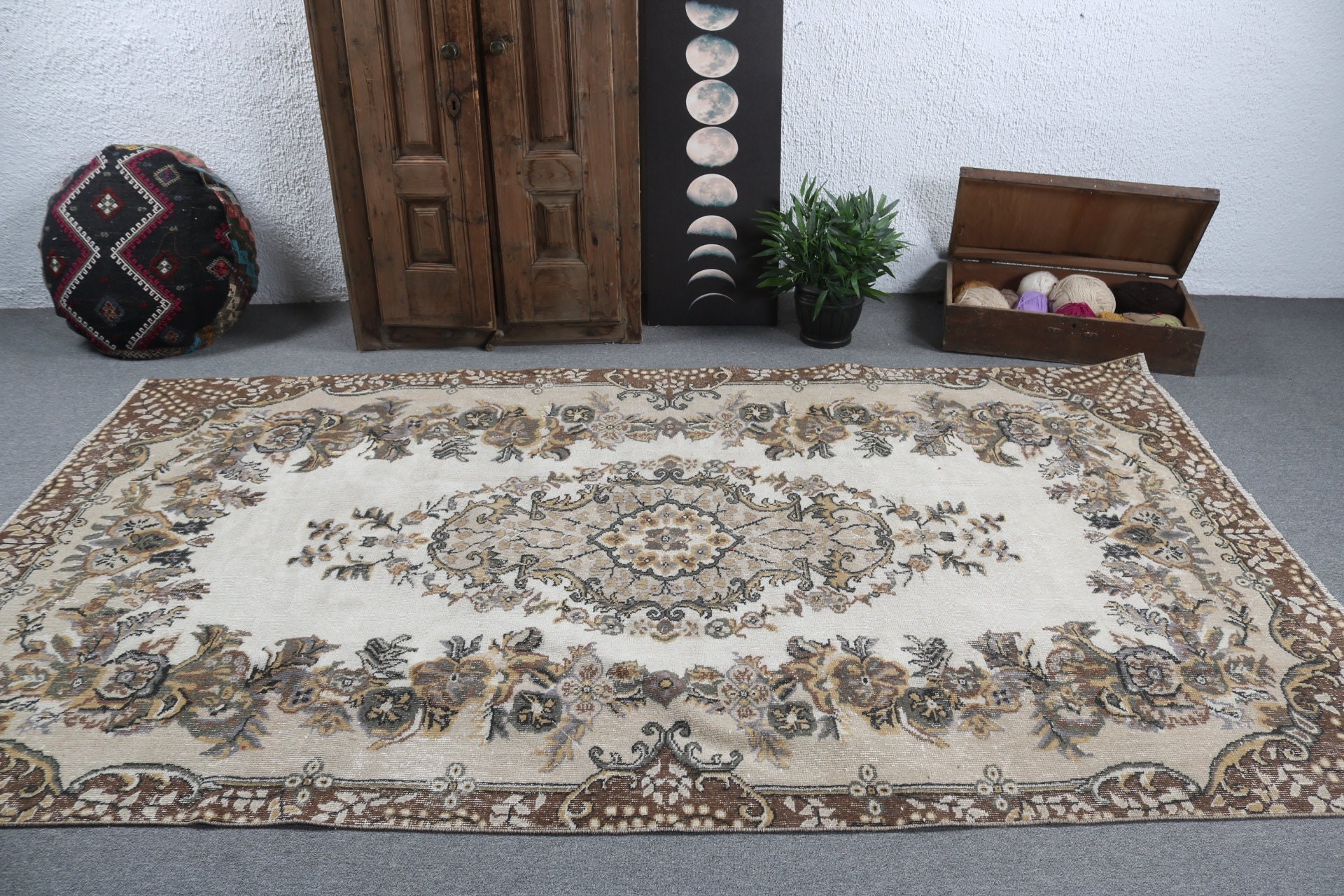 Büyük Boho Halı, Yer Halıları, Geometrik Halılar, Vintage Halı, 5.4x9.6 ft Büyük Halı, Türk Halısı, Salon Halıları, Kahverengi Oryantal Halılar