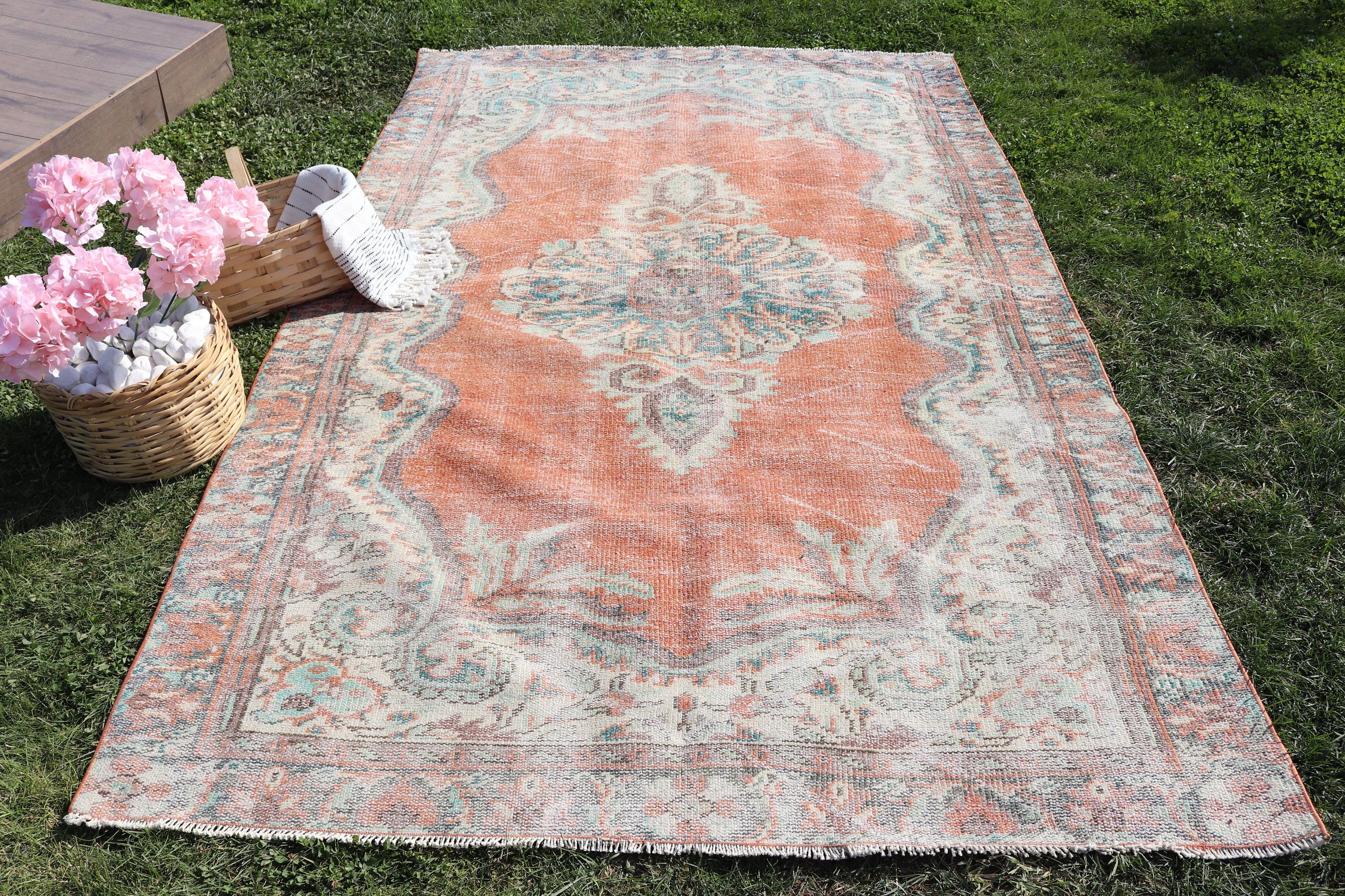 Yemek Odası Halıları, Ev Dekorasyonu Halısı, Anadolu Halısı, Türk Halıları, 5,3x8,2 ft Büyük Halılar, Turuncu Geometrik Halı, Vintage Halı, Büyük Boho Halıları