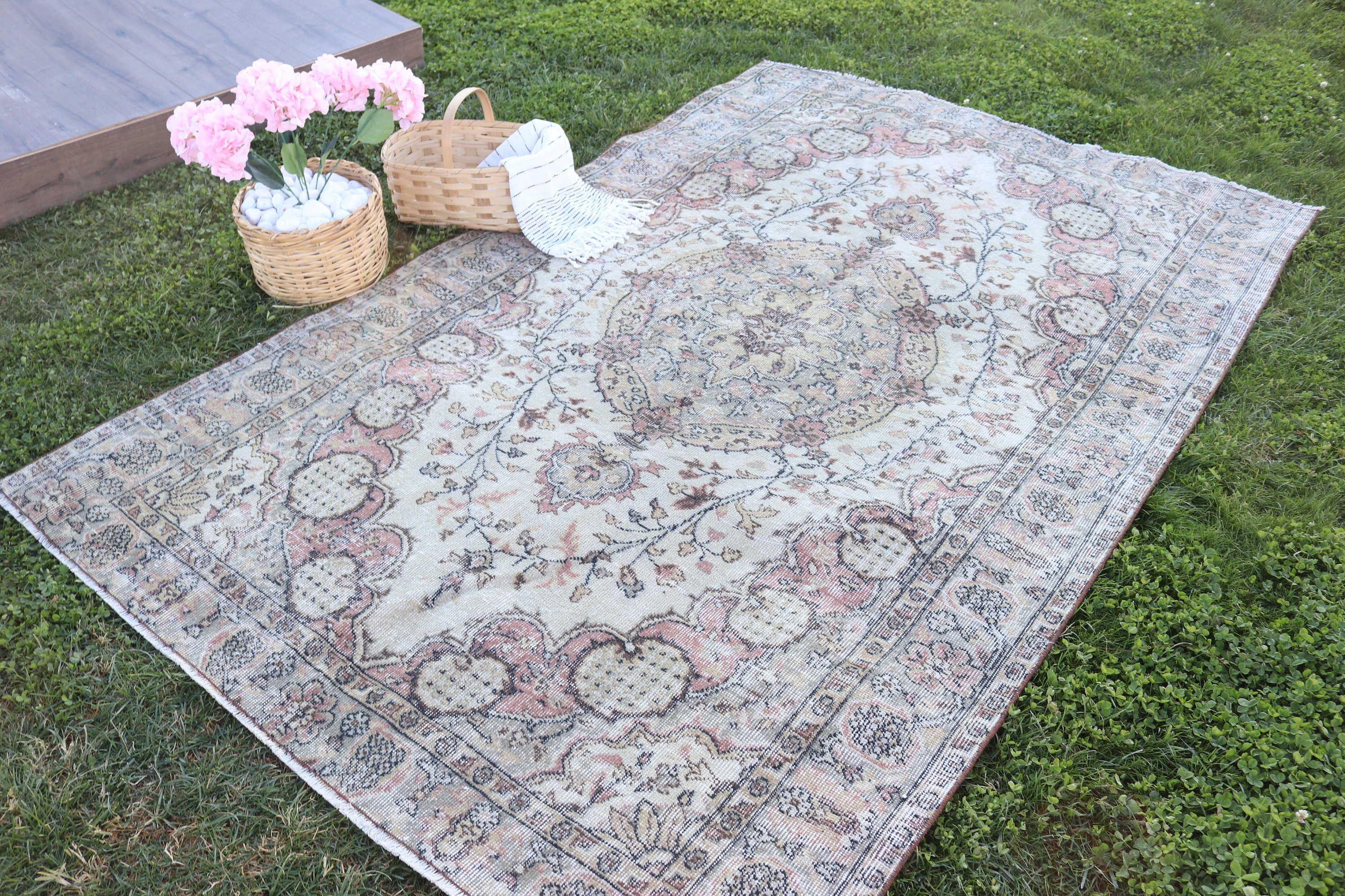 Oturma Odası Halısı, 5.4x8.5 ft Büyük Halı, Bej Yün Halı, Açıklama Halısı, Salon Halıları, Vintage Halılar, Nötr Halı, Salon Halıları, Türk Halısı