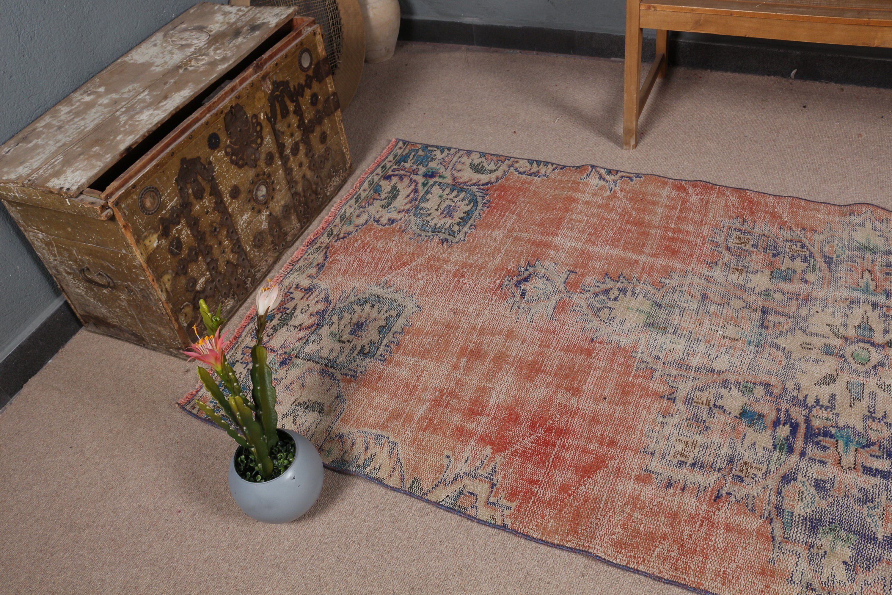 Orange Oriental Rug, Turkish Rug, Turkey Rugs, 3.8x8.7 ft Area Rug, Indoor Rug, Anatolian Rugs, Home Decor Rug, Kitchen Rug, Vintage Rugs