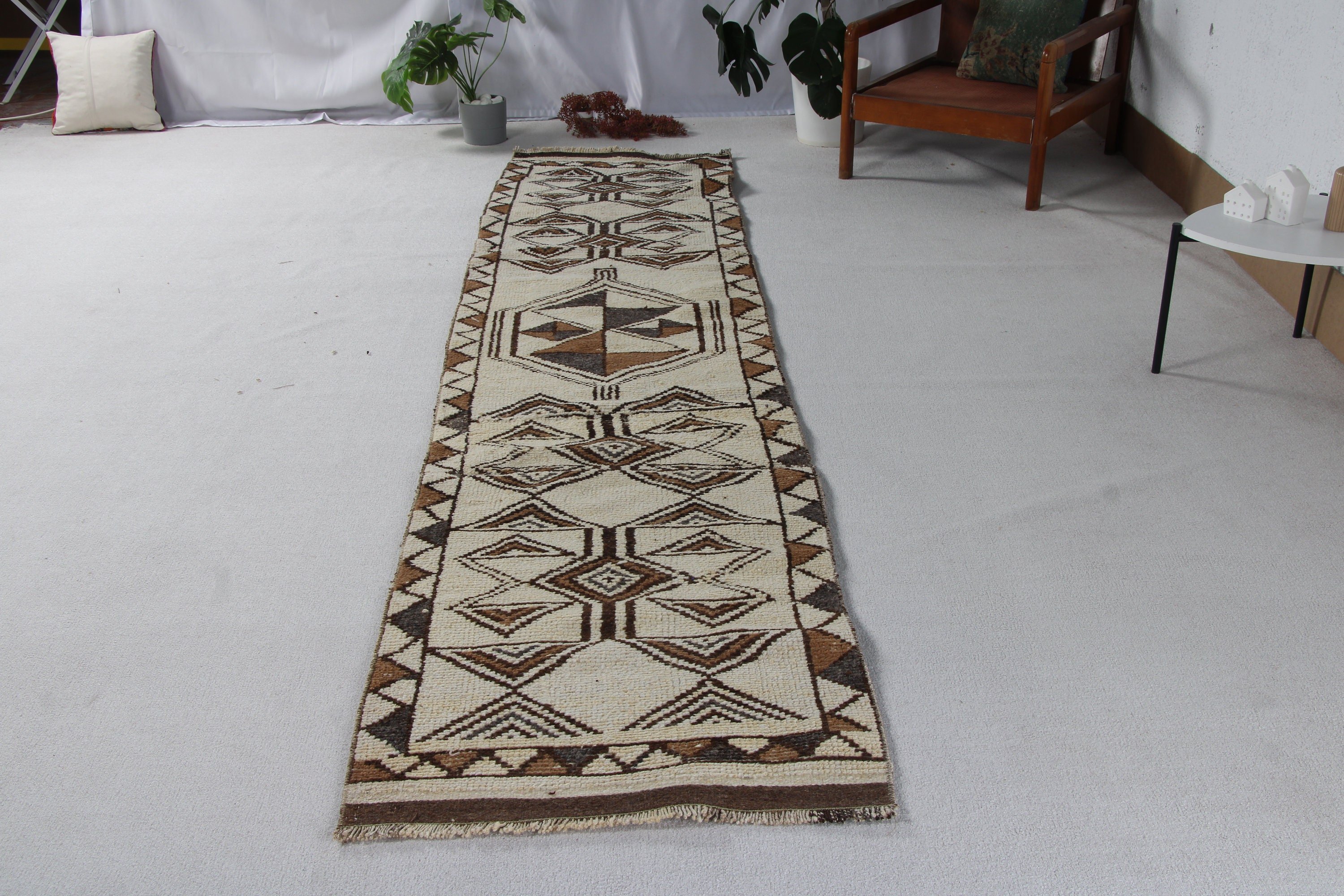 Türk Halısı, Kahverengi Modern Halılar, Yün Halılar, Vintage Yolluk Halıları, Vintage Halılar, 2.6x11.2 ft Yolluk Halısı, Mutfak Halısı, Uzun Yolluk Halıları