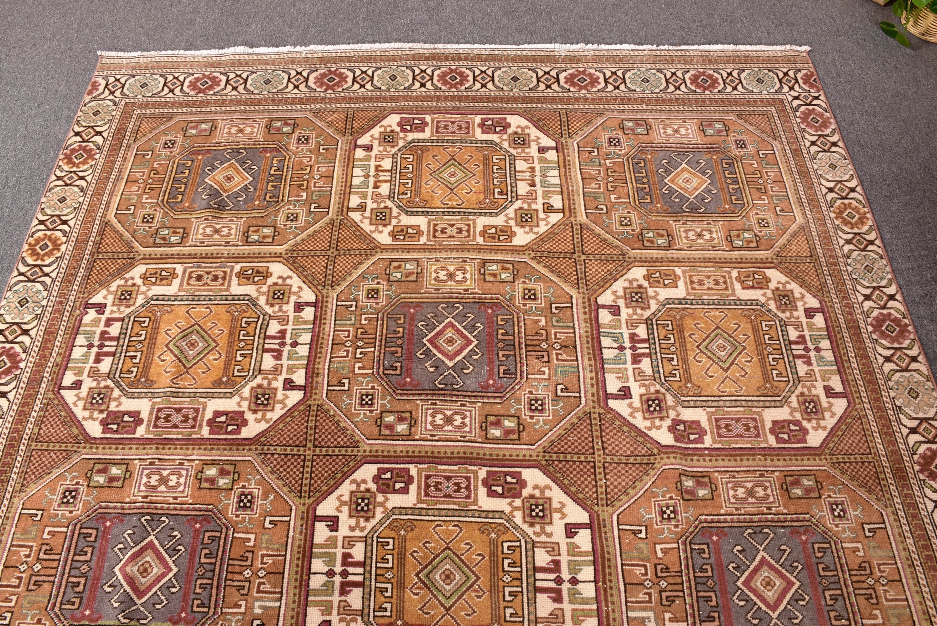 Kahverengi Lüks Halı, Vintage Halılar, Salon Halıları, 6x9.6 ft Büyük Halı, Salon Halısı, Mutfak Halısı, Oturma Odası Halısı, Türk Halıları