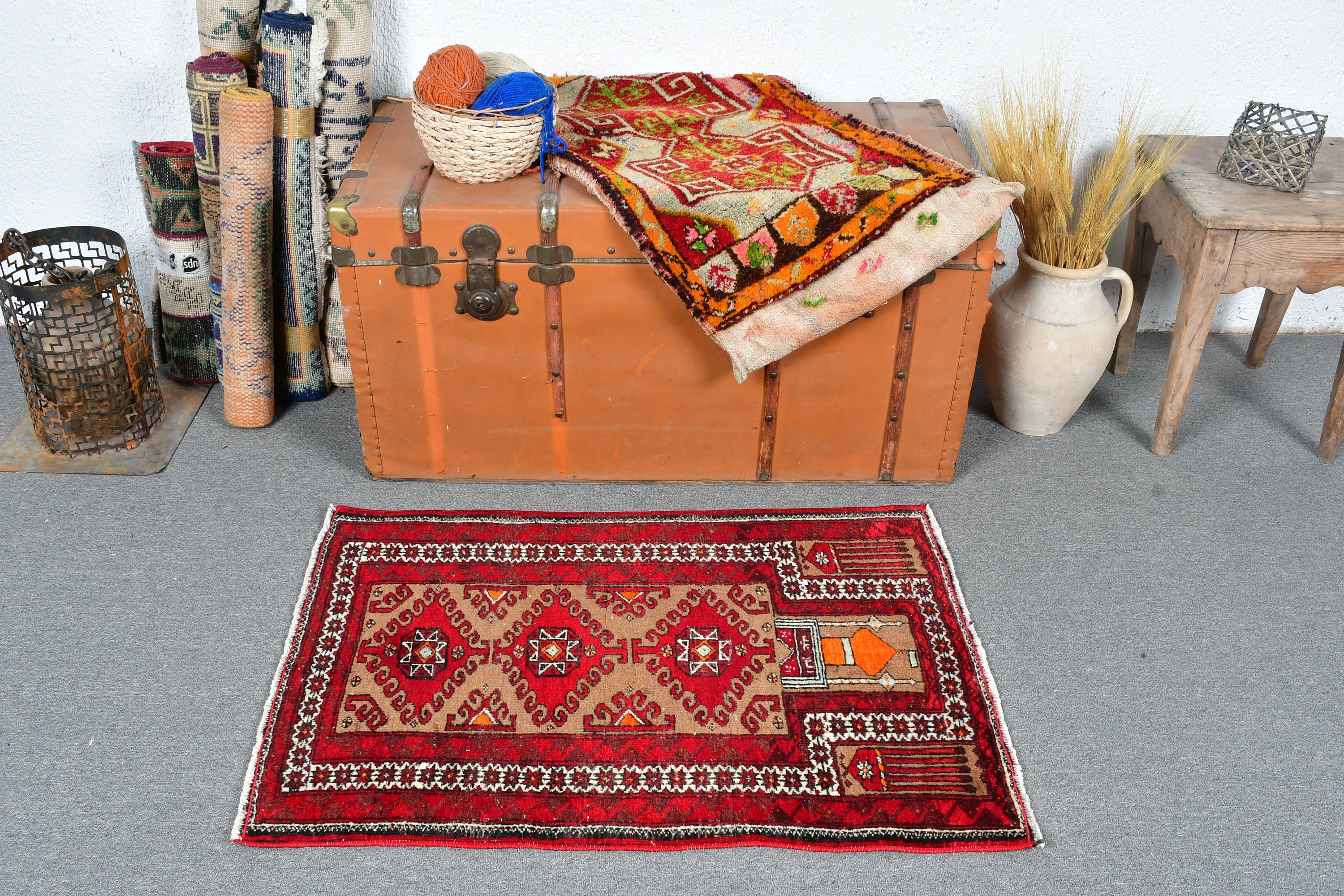 2.2x3.2 ft Small Rug, Vintage Rug, Turkish Rugs, Bathroom Rugs, Rugs for Entry, Nursery Rug, Wool Rug, Red Home Decor Rugs, Moroccan Rug