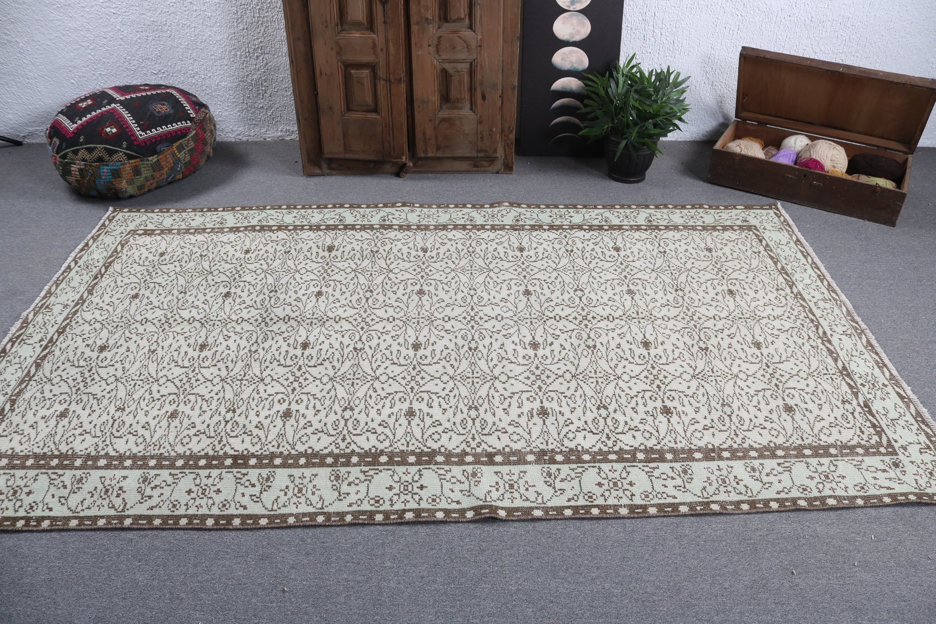 5.1x8.4 ft Büyük Halı, Oturma Odası Halıları, Yeşil Düz Dokuma Halılar, Açıklama Halısı, Türk Halısı, Lüks Halı, Vintage Halılar, Büyük Oushak Halıları