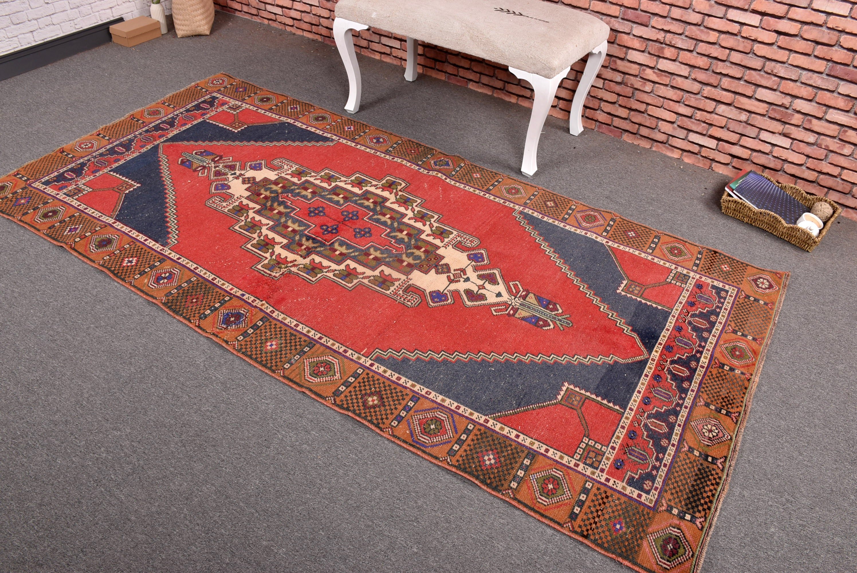 Red Wool Rugs, Turkish Rug, Modern Rugs, Vintage Rugs, Kitchen Rug, 3.9x8.2 ft Area Rug, Vintage Area Rug, Oushak Area Rugs, Artistic Rug