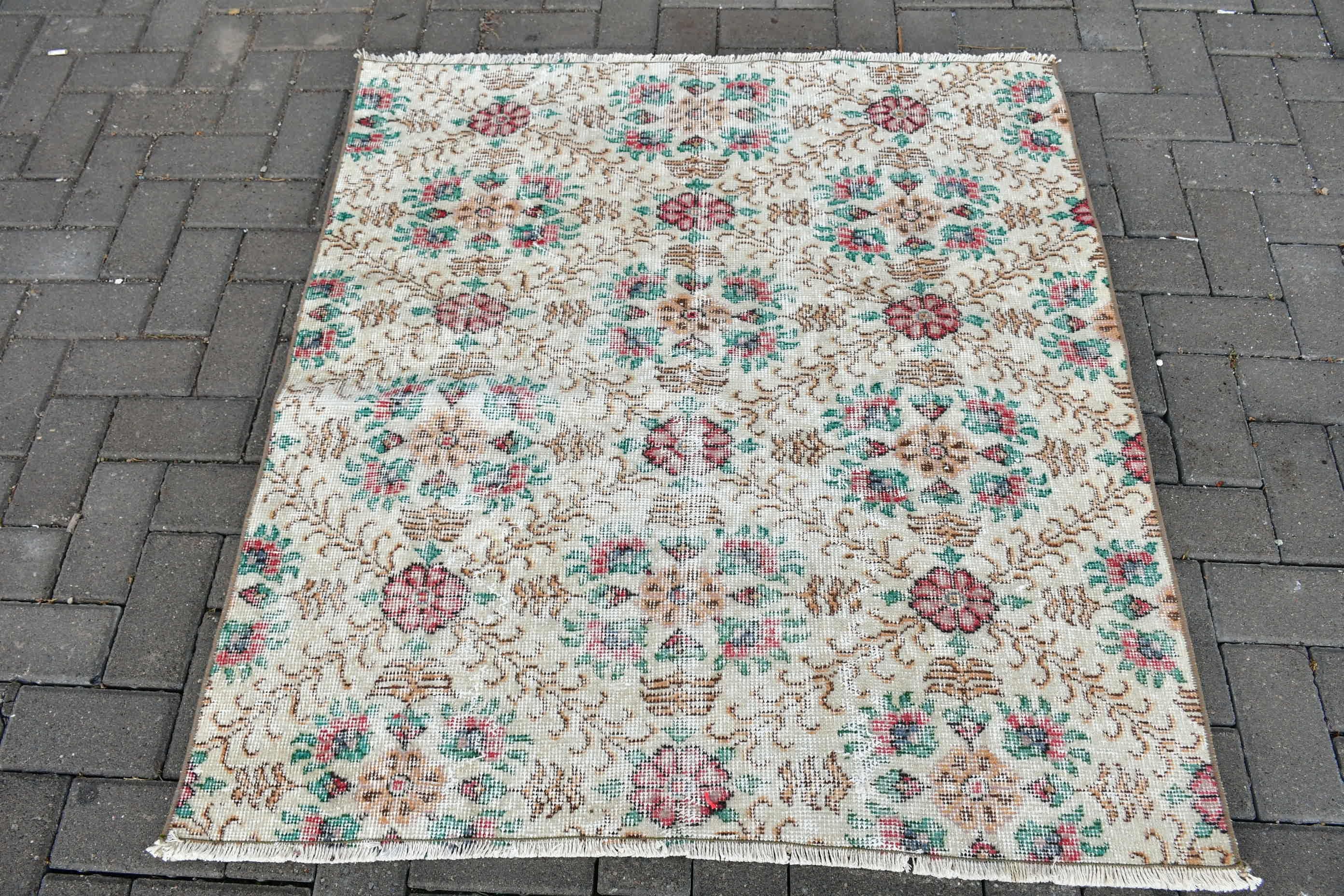 Beige Cool Rugs, Turkish Rugs, Vintage Rugs, 3.7x3.9 ft Small Rugs, Rugs for Wall Hanging, Bath Rug, Entry Rug, Oushak Rug