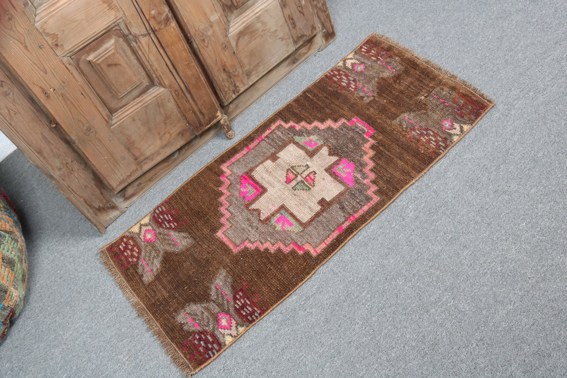 Turkish Rug, Small Area Rug, Brown Geometric Rugs, Luxury Rug, Wall Hanging Rugs, Vintage Rug, 1.4x3.1 ft Small Rugs, Kitchen Rugs