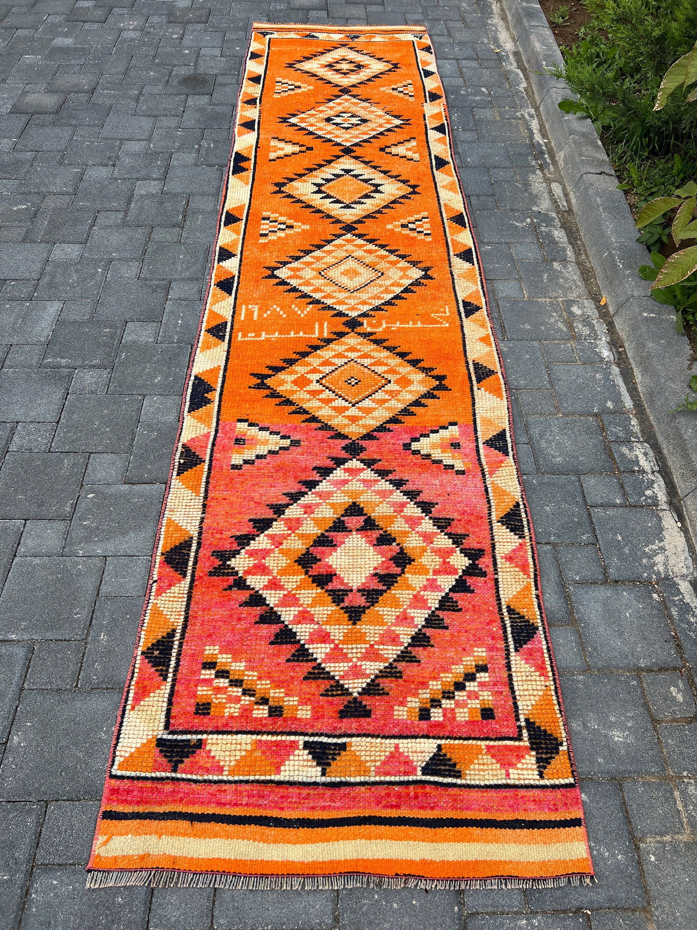 Otantik Halı, 2.9x12.4 ft Runner Halı, Vintage Halı, Türk Halıları, Mutfak Halıları, Mutfak Halıları, Ev Dekorasyonu Halıları, Turuncu Mutfak Halısı