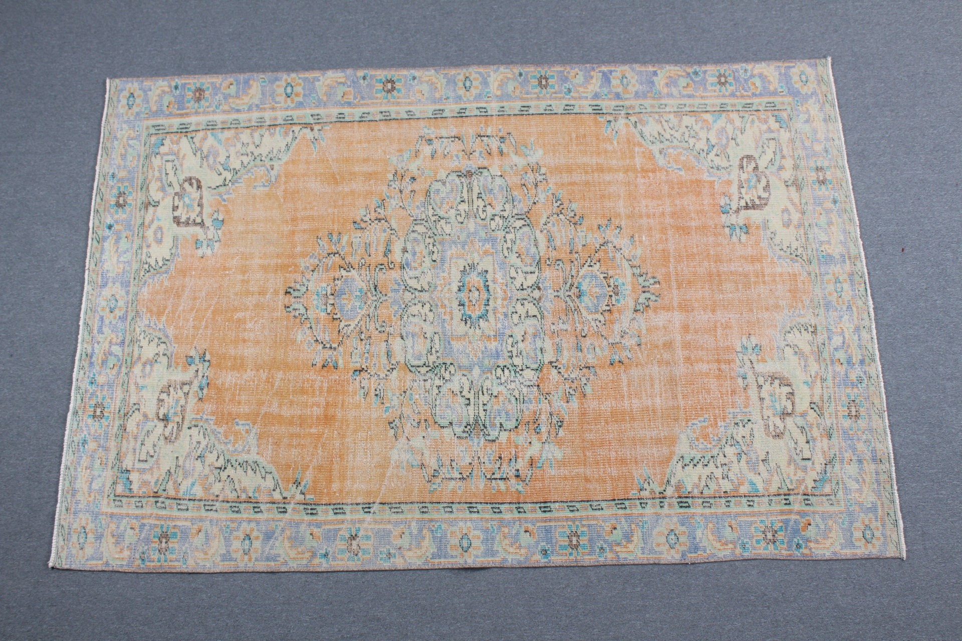 Oturma Odası Halısı, Vintage Halı, Salon Halıları, Anadolu Halısı, Turuncu 5.7x7.4 ft Büyük Halı, Parlak Halı, Türk Halıları, Havalı Halı