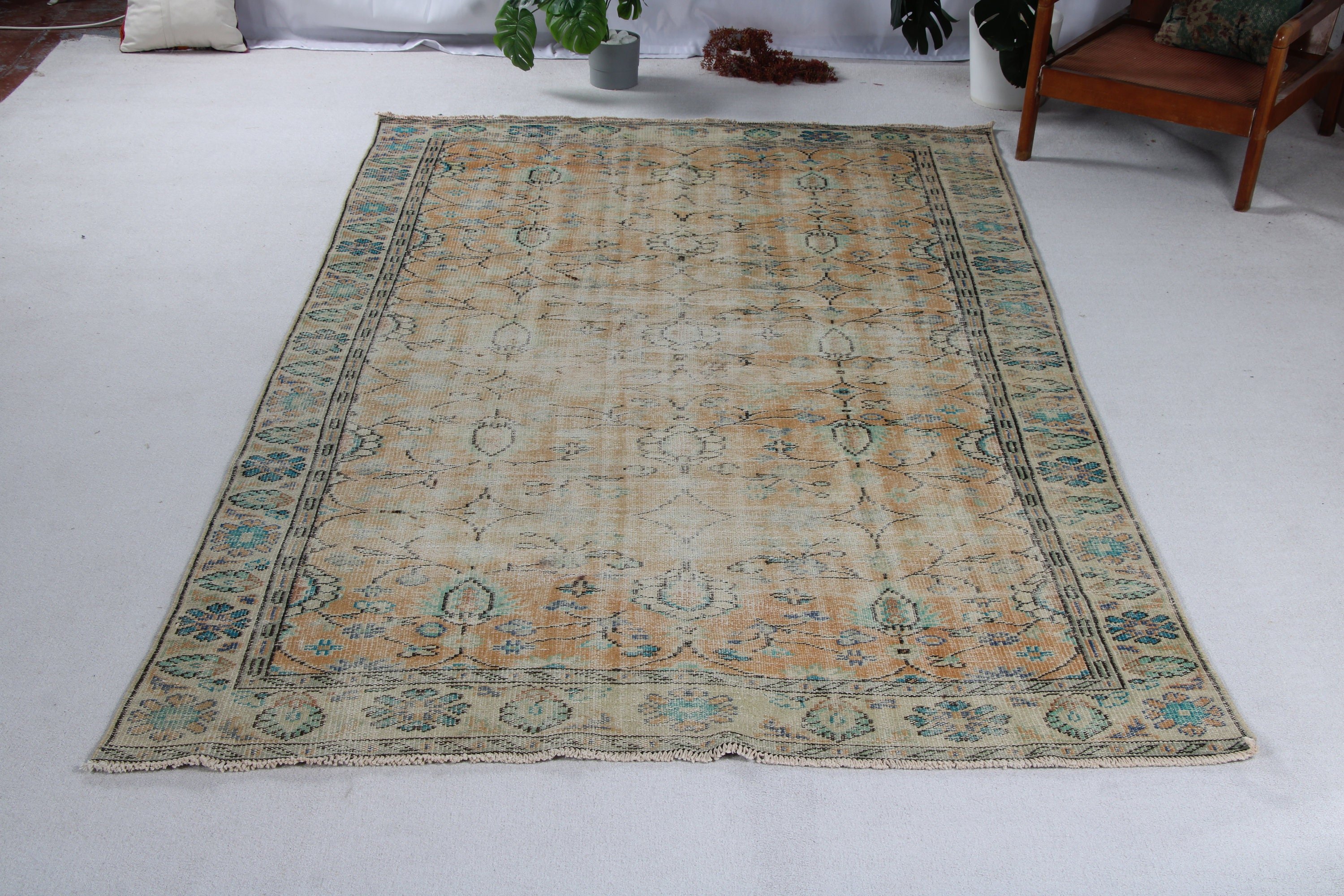 Yatak Odası Halıları, Yeşil Yün Halılar, Vintage Halılar, Büyük Vintage Halılar, Salon Halıları, Geometrik Halılar, 5.8x9.6 ft Büyük Halı, Yer Halısı, Türk Halısı