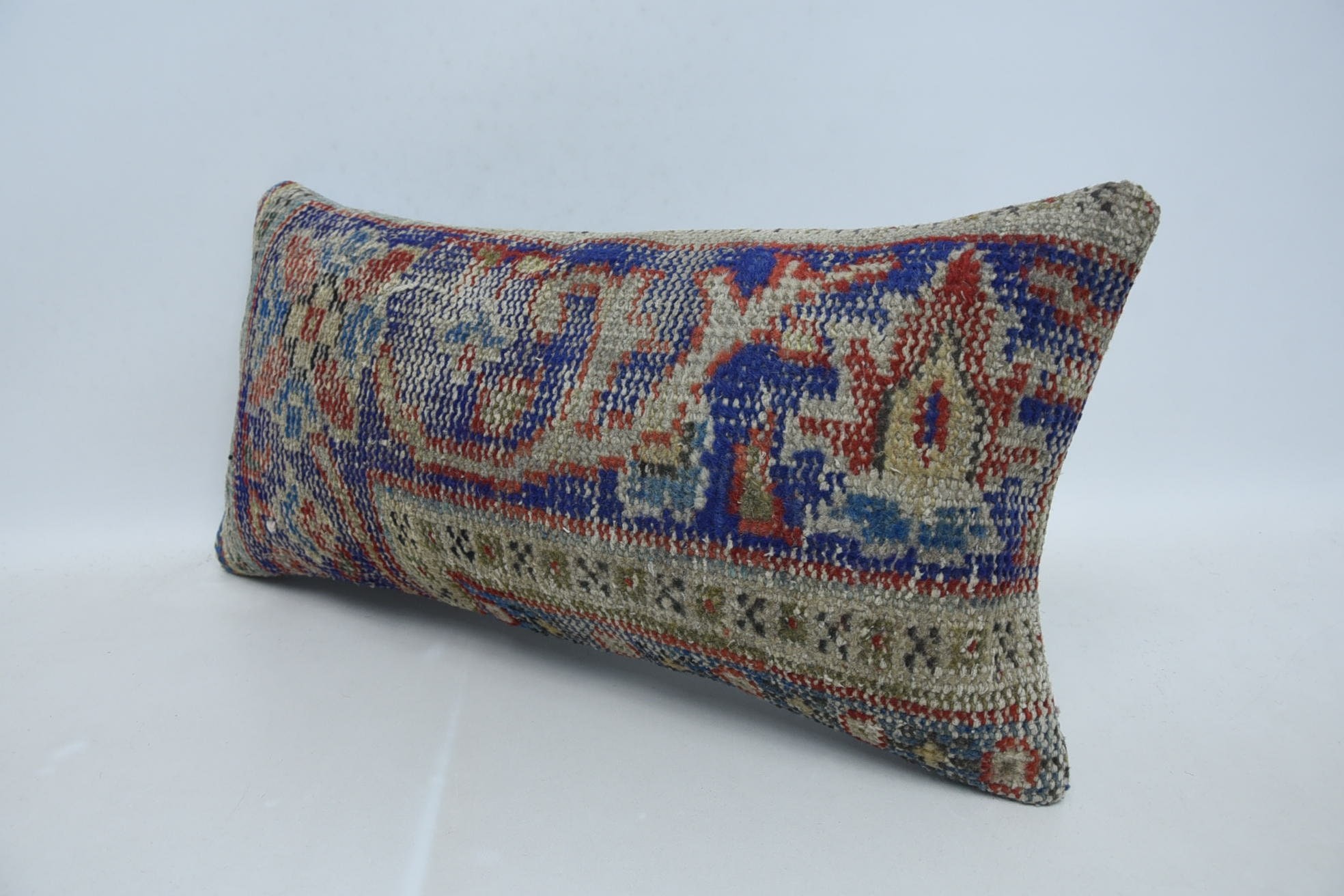 12"x24" Blue Pillow, Turkish Kilim Pillow, Vintage Pillow, Outdoor Patio Pillow Sham, Pillow for Sofa, Custom Pillow Case