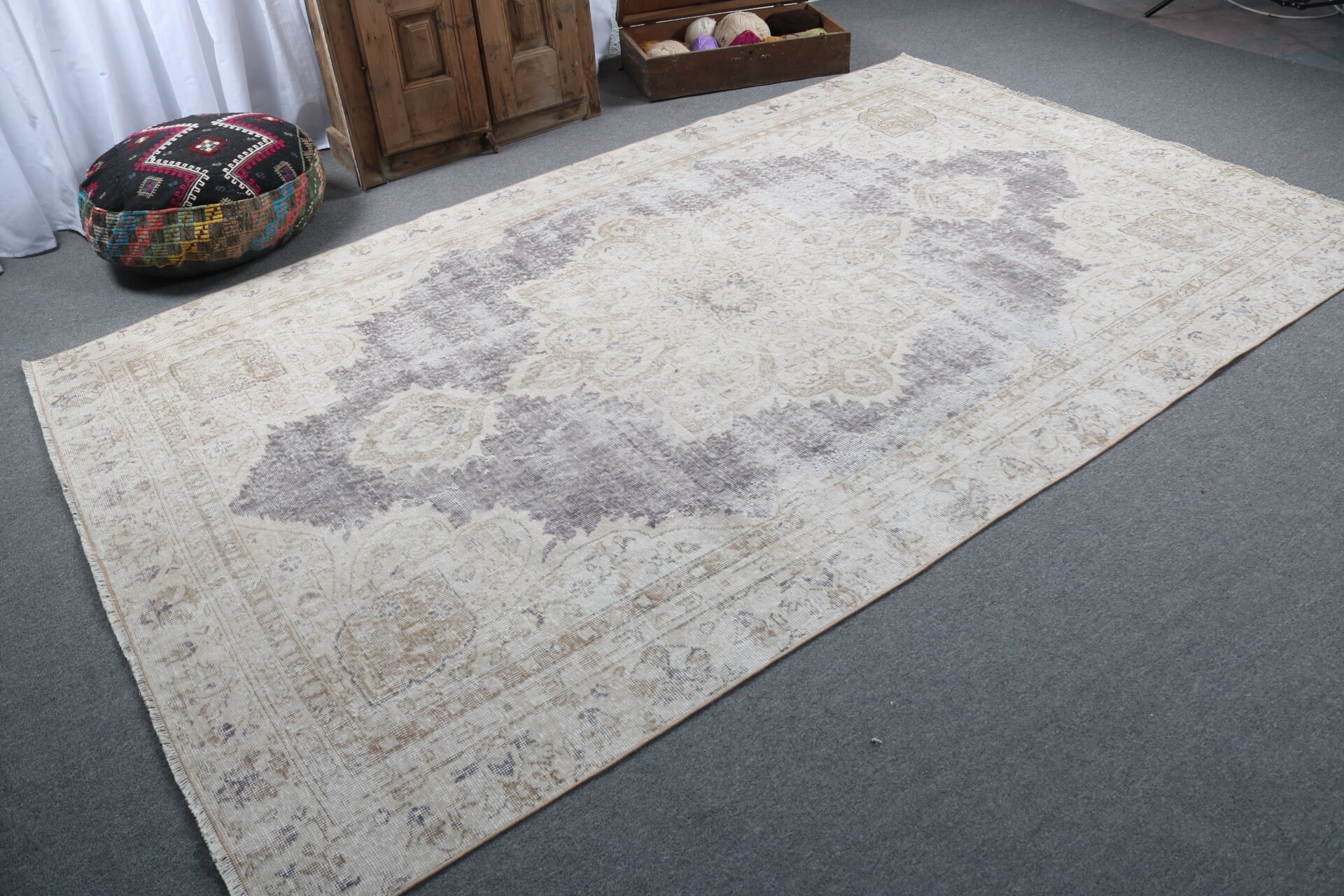 Oturma Odası Halıları, Bej Anadolu Halıları, Vintage Halılar, Türk Halıları, 6.2x9.9 ft Büyük Halı, Düz Dokuma Halı, Yatak Odası Halısı