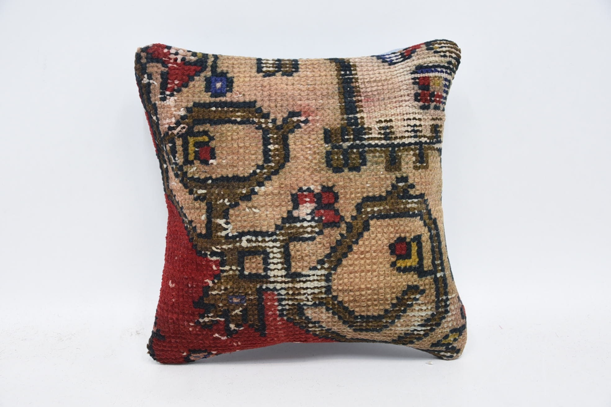 Antique Pillows, Boho Throw Pillow Sham, 12"x12" Red Cushion, Pillow for Sofa, Handmade Cushion, Vintage Kilim Pillow