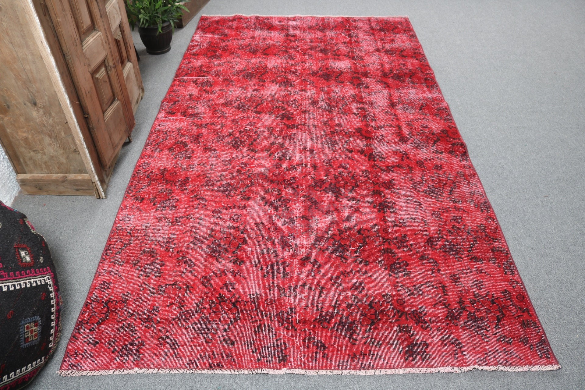 El Dokuma Halı, Vintage Halı, Yemek Odası Halısı, Kırmızı 5x8.9 ft Büyük Halı, Yatak Odası Halıları, Türk Halıları, Büyük Oushak Halısı, Boho Halıları