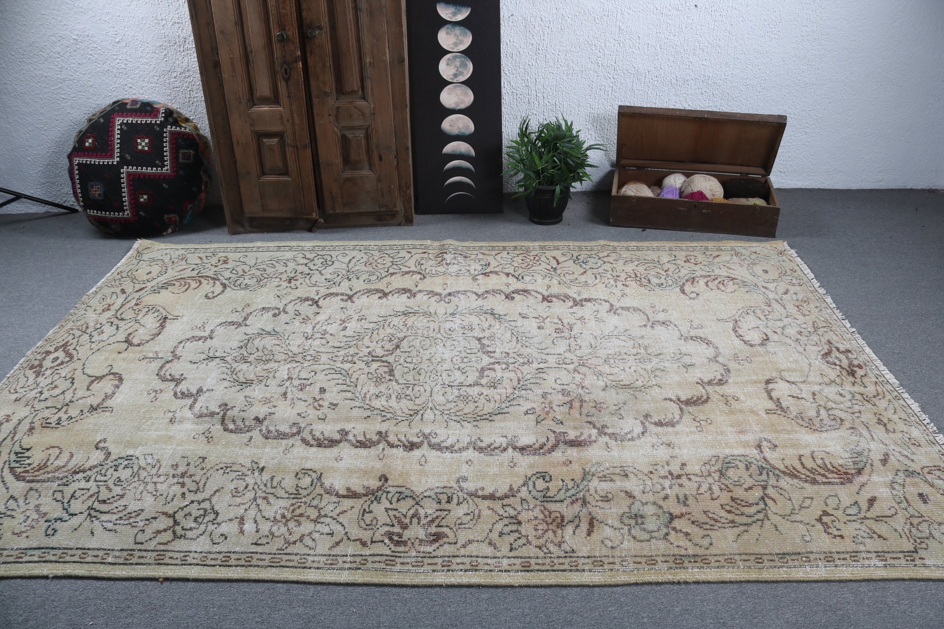 Büyük Vintage Halı, Vintage Halılar, Düz Dokuma Halı, Türk Halısı, Lüks Halılar, Kahverengi Oushak Halıları, 6.2x9.4 ft Büyük Halı, Oturma Odası Halısı