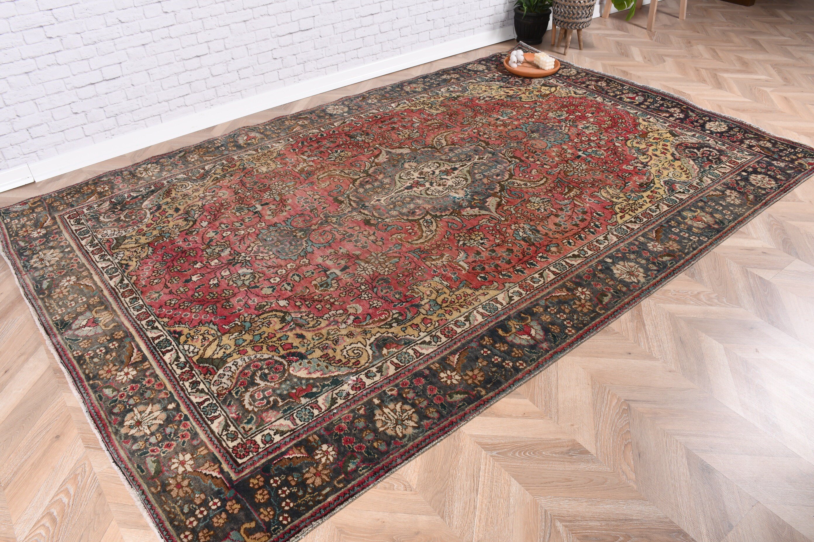 Açıklama Halısı, Sarı Oushak Halıları, 6.1x9.4 ft Büyük Halı, Yatak Odası Halısı, Türk Halısı, Vintage Halılar, Yer Halısı, Büyük Oushak Halısı