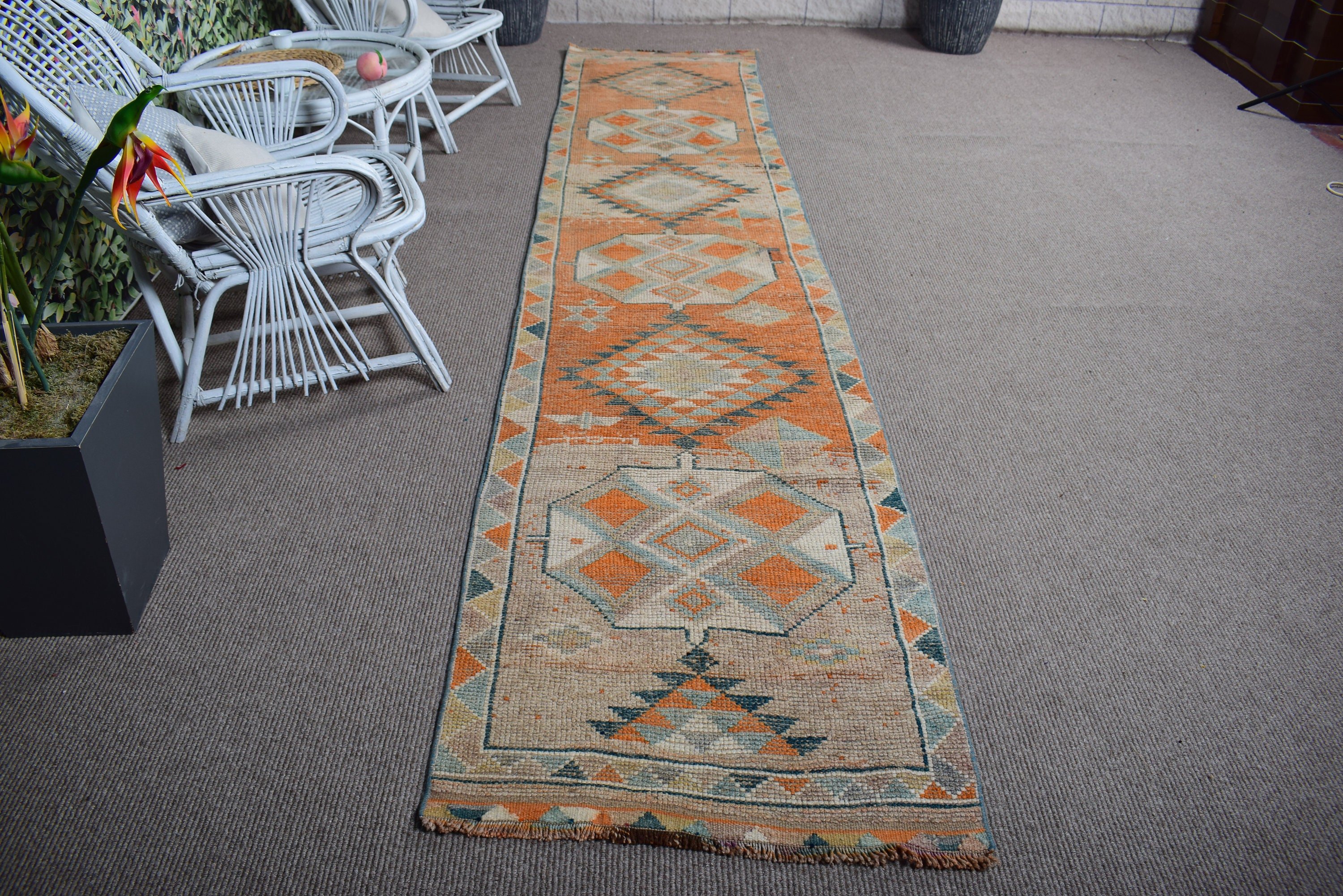 Exotic Rugs, Orange Oushak Rugs, 2.7x12.5 ft Runner Rug, Rugs for Runner, Anatolian Rug, Hallway Rug, Turkish Rug, Luxury Rug, Vintage Rugs