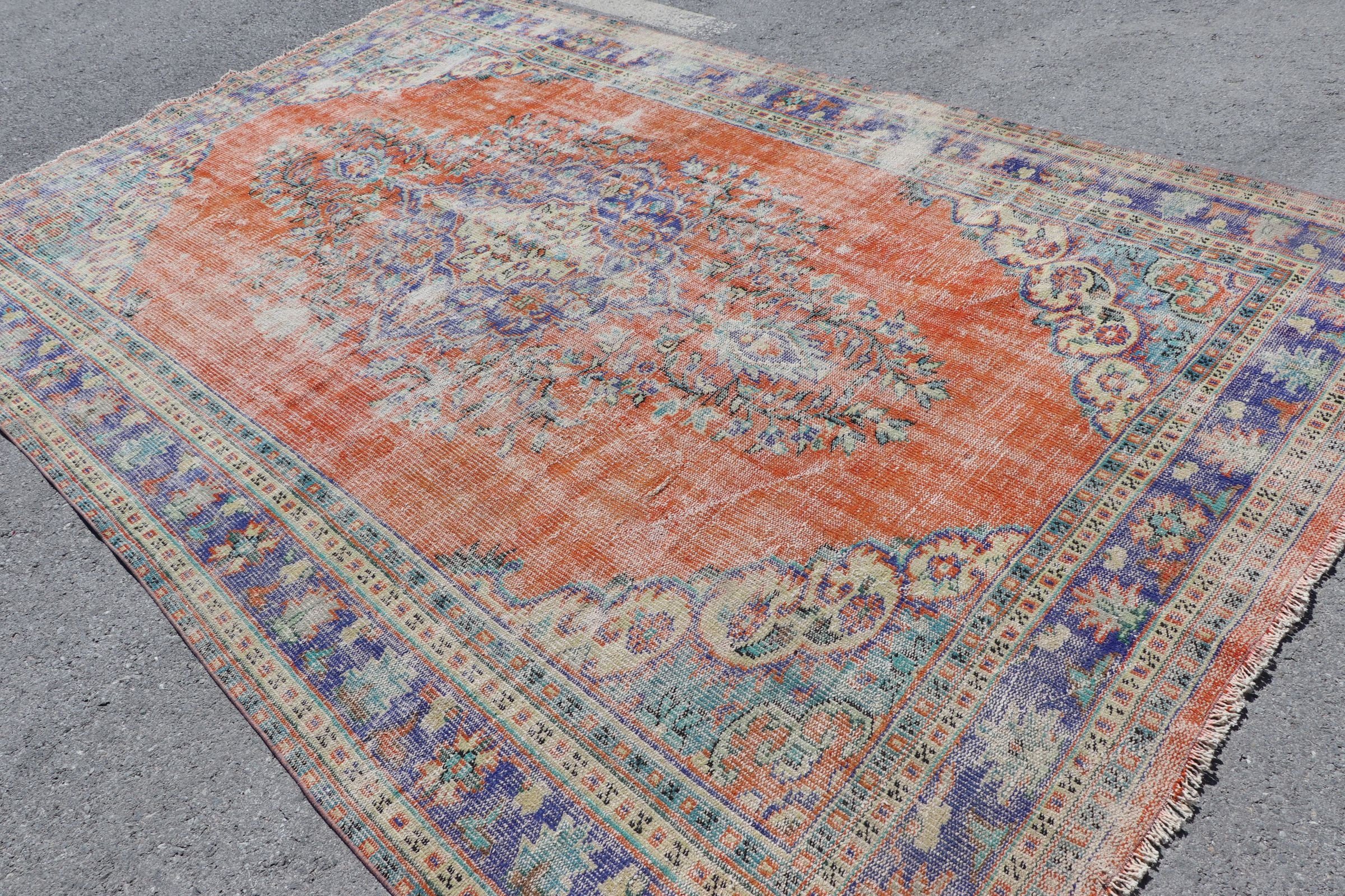 Turkish Rugs, Orange Oriental Rugs, Vintage Rug, Kitchen Rug, Living Room Rugs, Saloon Rug, 7.3x11.2 ft Oversize Rugs