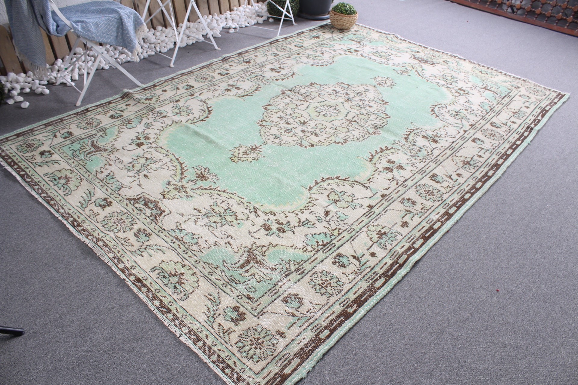 Aztek Halısı, Vintage Halı, Yatak Odası Halıları, 6.7x9.9 ft Büyük Halı, Yeşil Boho Halısı, Oryantal Halılar, Geometrik Halılar, Büyük Vintage Halılar, Türk Halısı