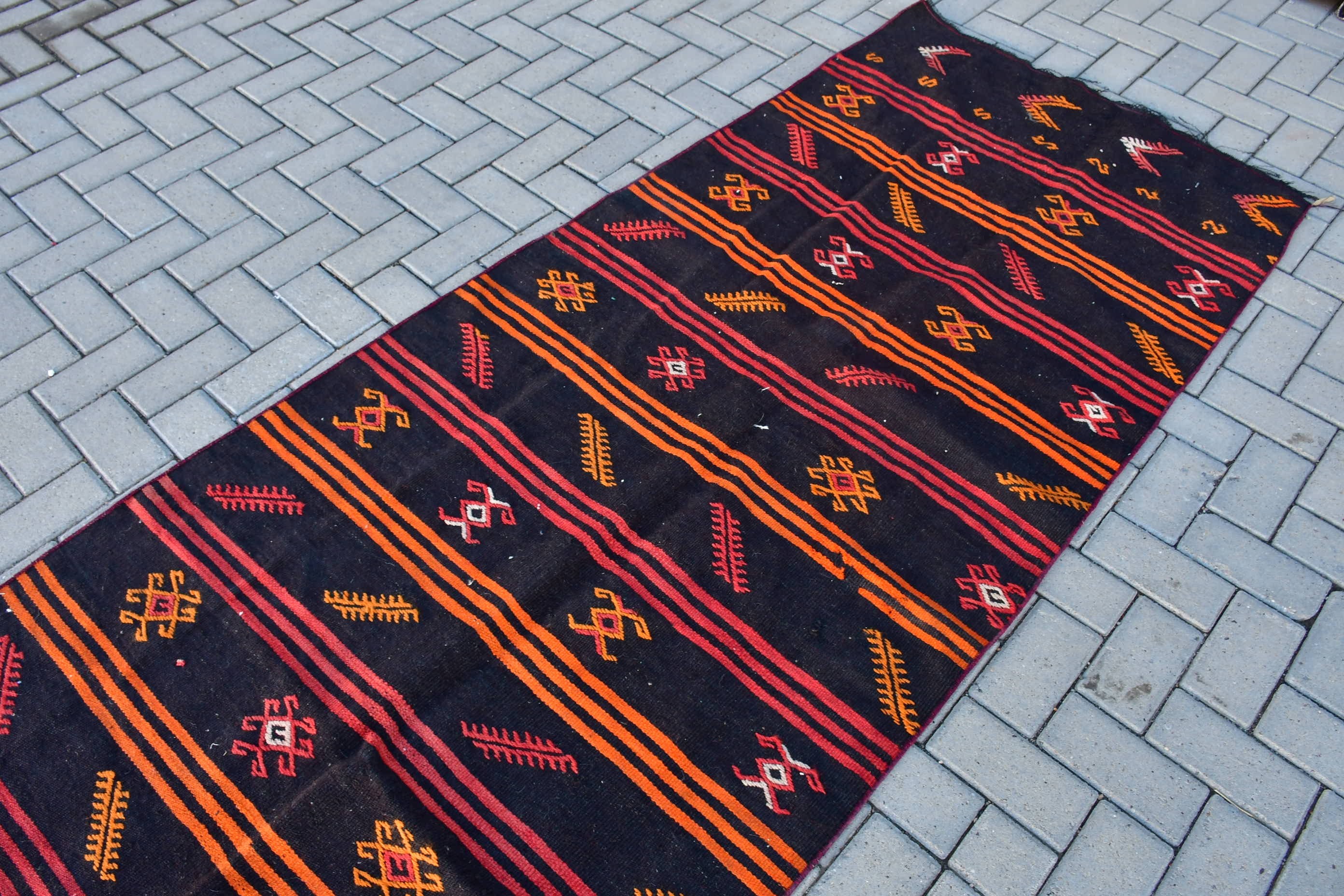 Corridor Rug, Vintage Rug, Rugs for Runner, Bedroom Rug, Anatolian Rugs, Turkish Rugs, Kilim, Black  3.5x13 ft Runner Rug