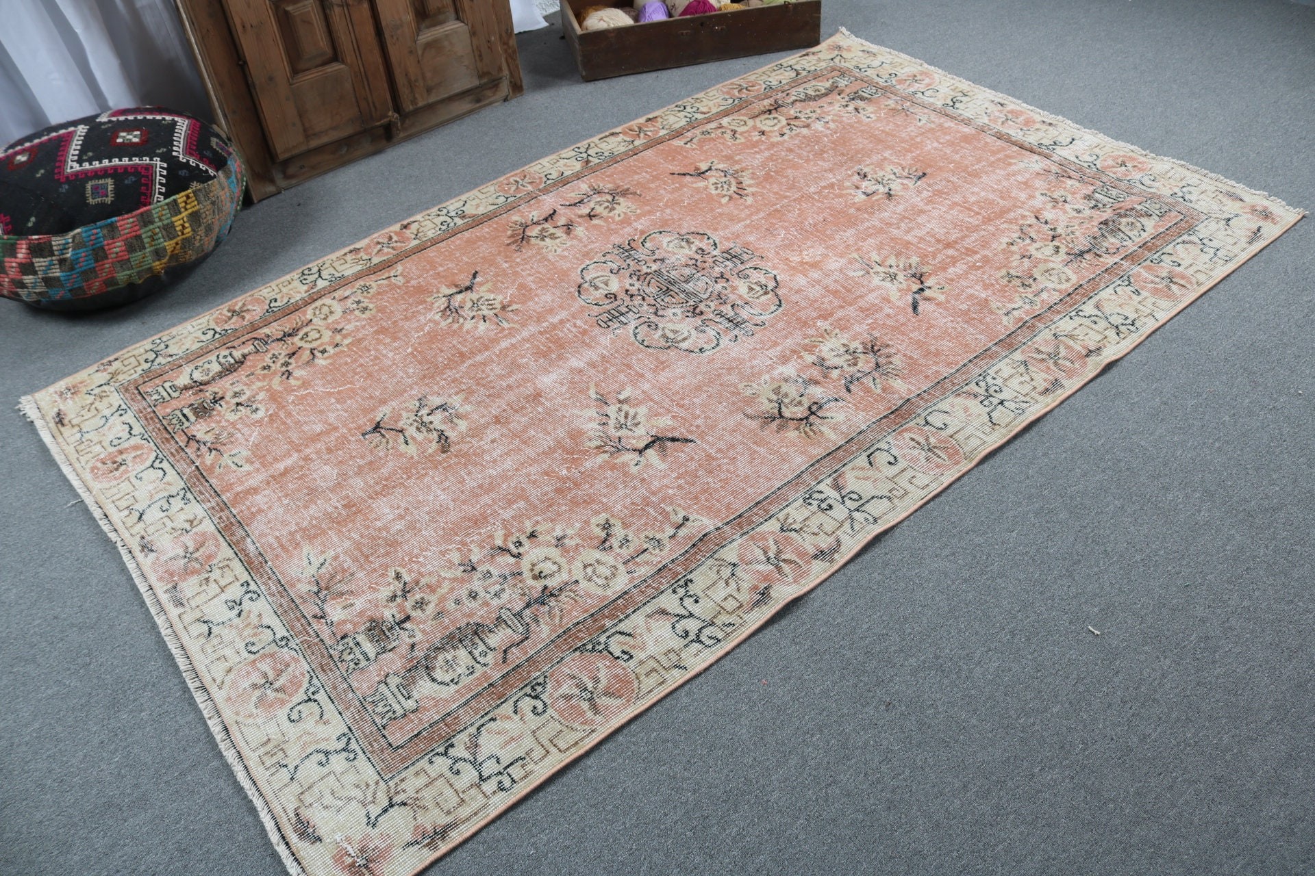 Vintage Halı, Boho Halı, Oushak Bölge Halıları, Kahverengi El Dokuma Halı, Yemek Odası Halıları, 4.8x7.9 ft Alan Halıları, Geometrik Halılar, Türk Halısı