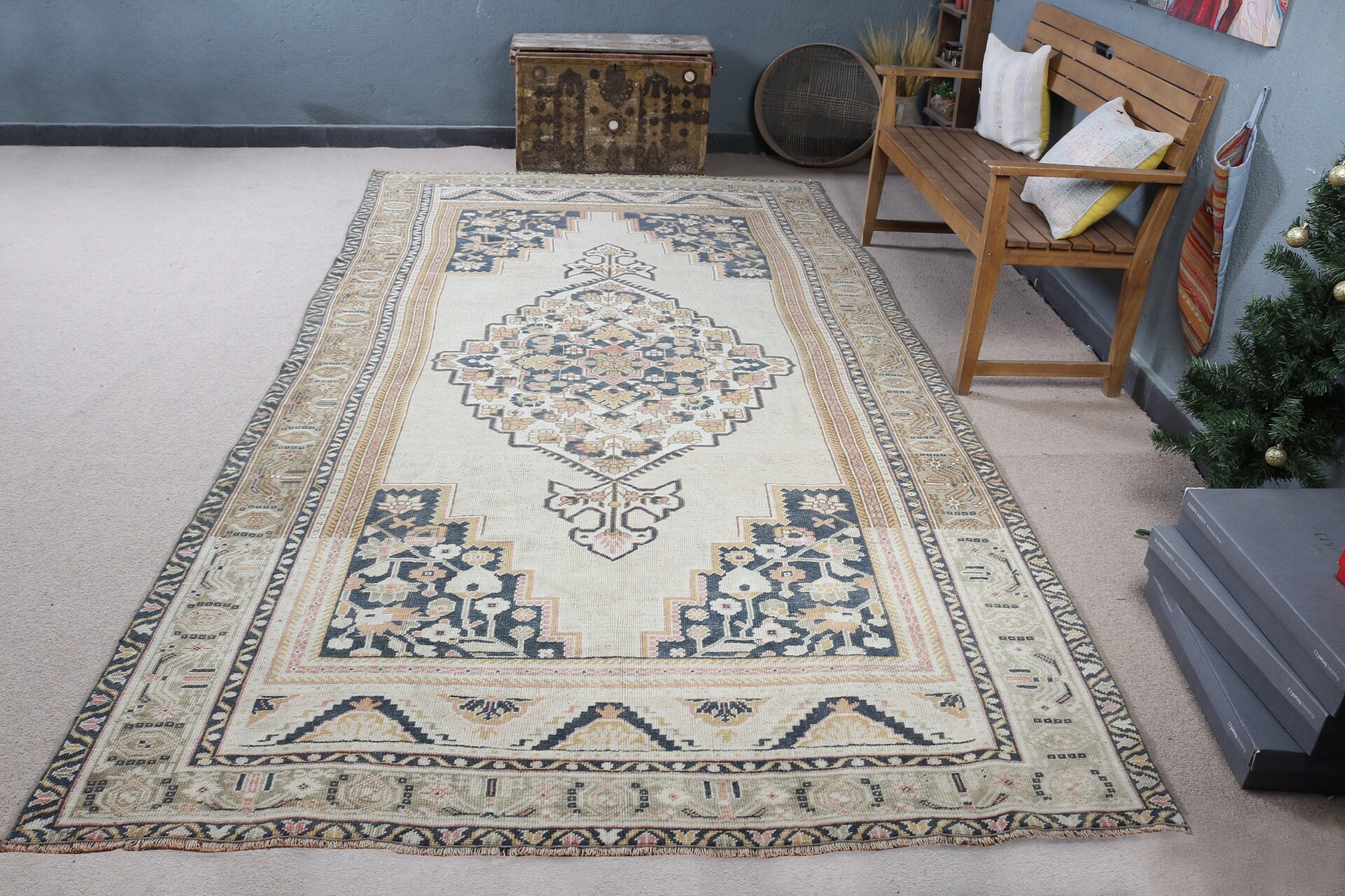 Vintage Halı, Yemek Odası Halıları, Türk Halısı, Fas Halıları, Yatak Odası Halıları, Yün Halılar, Bej Antika Halı, 6x11.6 ft Büyük Halı, Salon Halıları