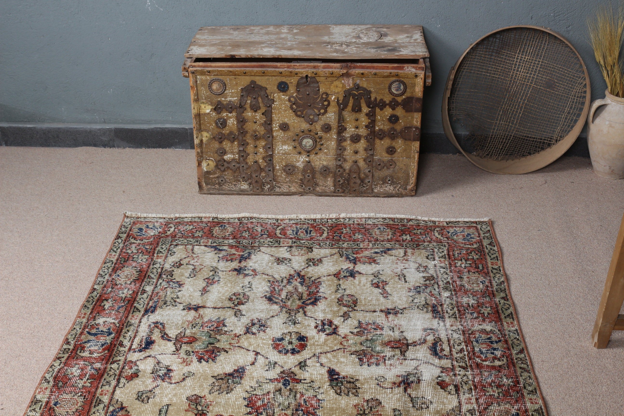 Yurt Halısı, İç Mekan Halıları, Vintage Halı, Bej Zemin Halısı, 4,2x7,3 ft Alan Halısı, Oturma Odası Halısı, Türk Halısı, Oushak Halısı