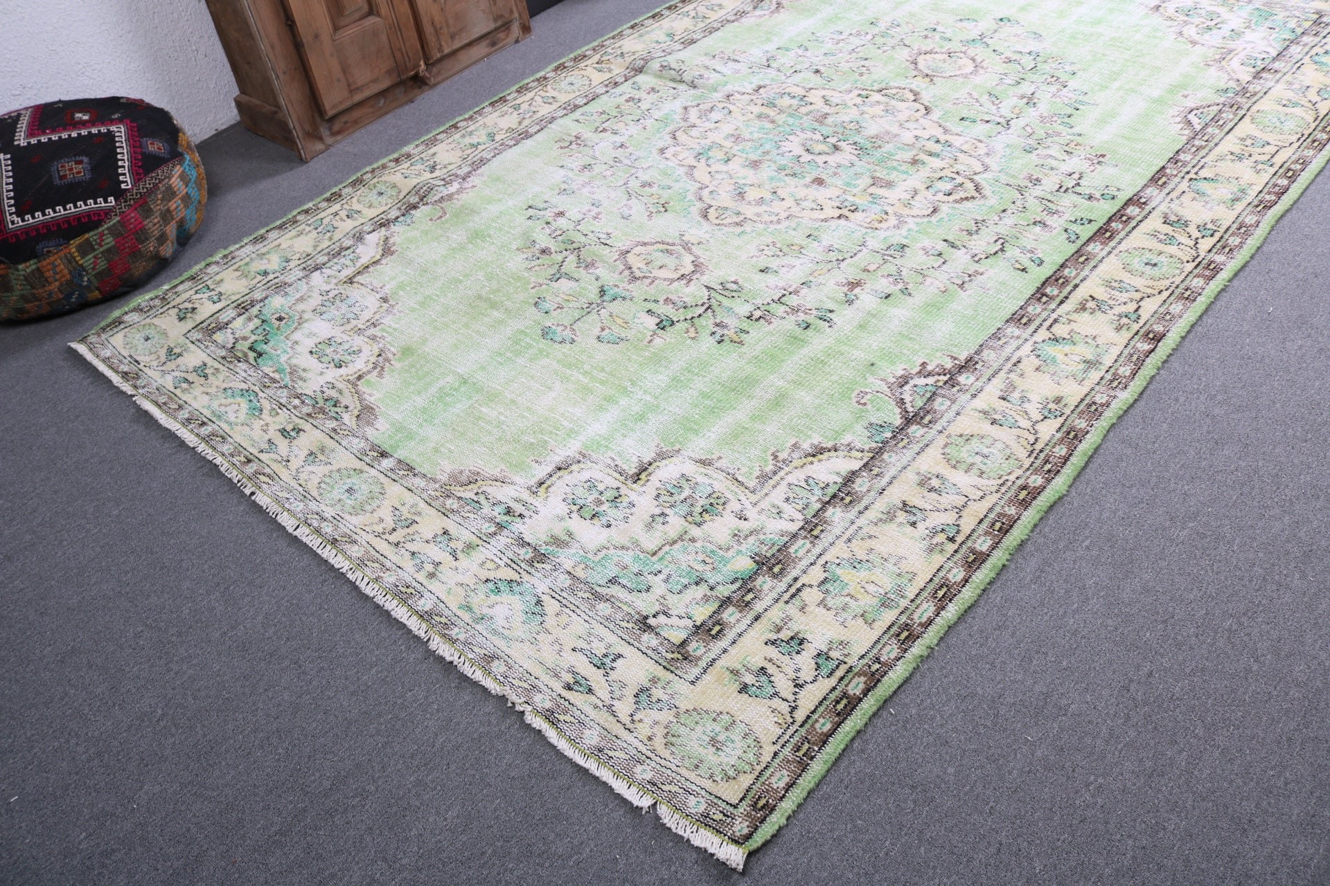 Salon Halısı, Türk Halısı, Yeşil Açıklama Halısı, Ev Dekorasyonu Halıları, Egzotik Halı, Oryantal Halı, 6.2x9.6 ft Büyük Halı, Vintage Halı, Oturma Odası Halıları