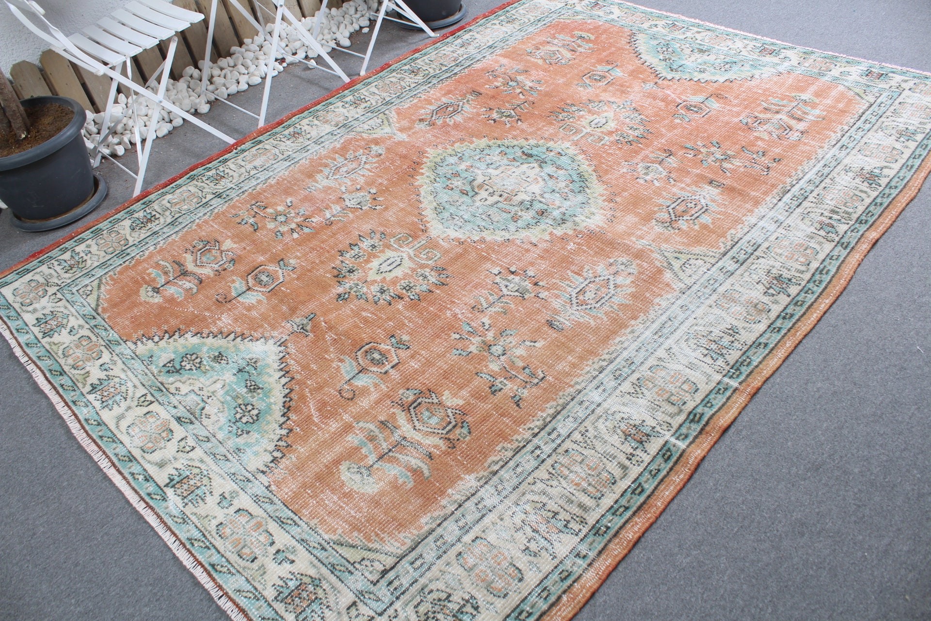 Salon Halıları, Oryantal Halı, Yemek Odası Halıları, Türk Halıları, 6,3x8,8 ft Büyük Halı, Eski Halılar, Fas Halısı, Vintage Halı, Turuncu Yün Halı