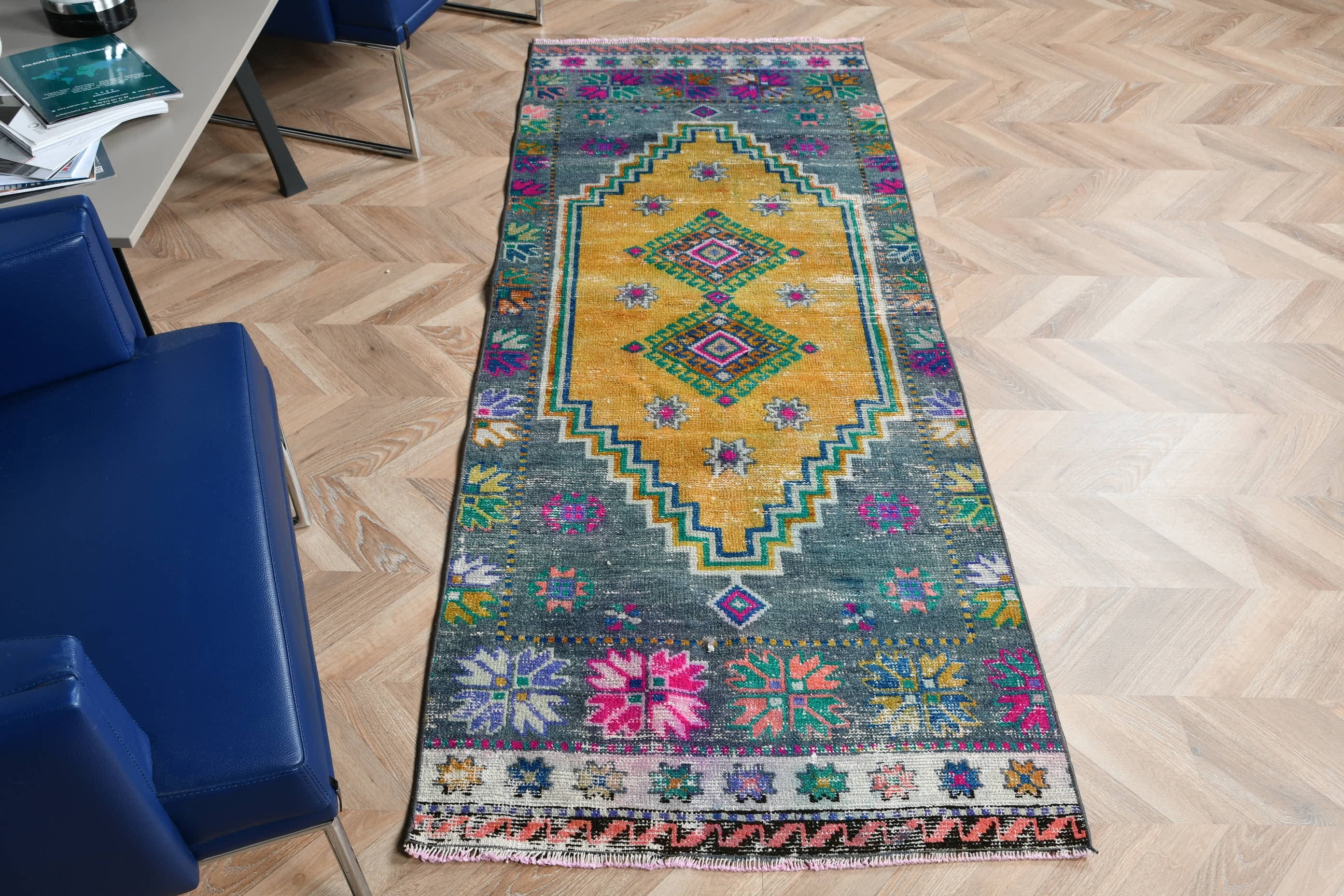 Sessiz Halı, 2.7x6.9 ft Runner Halıları, Runner Halıları, Türk Halısı, Vintage Halı, Merdiven Halıları, Mutfak Halısı, Sarı Mutfak Halıları, Fas Halısı