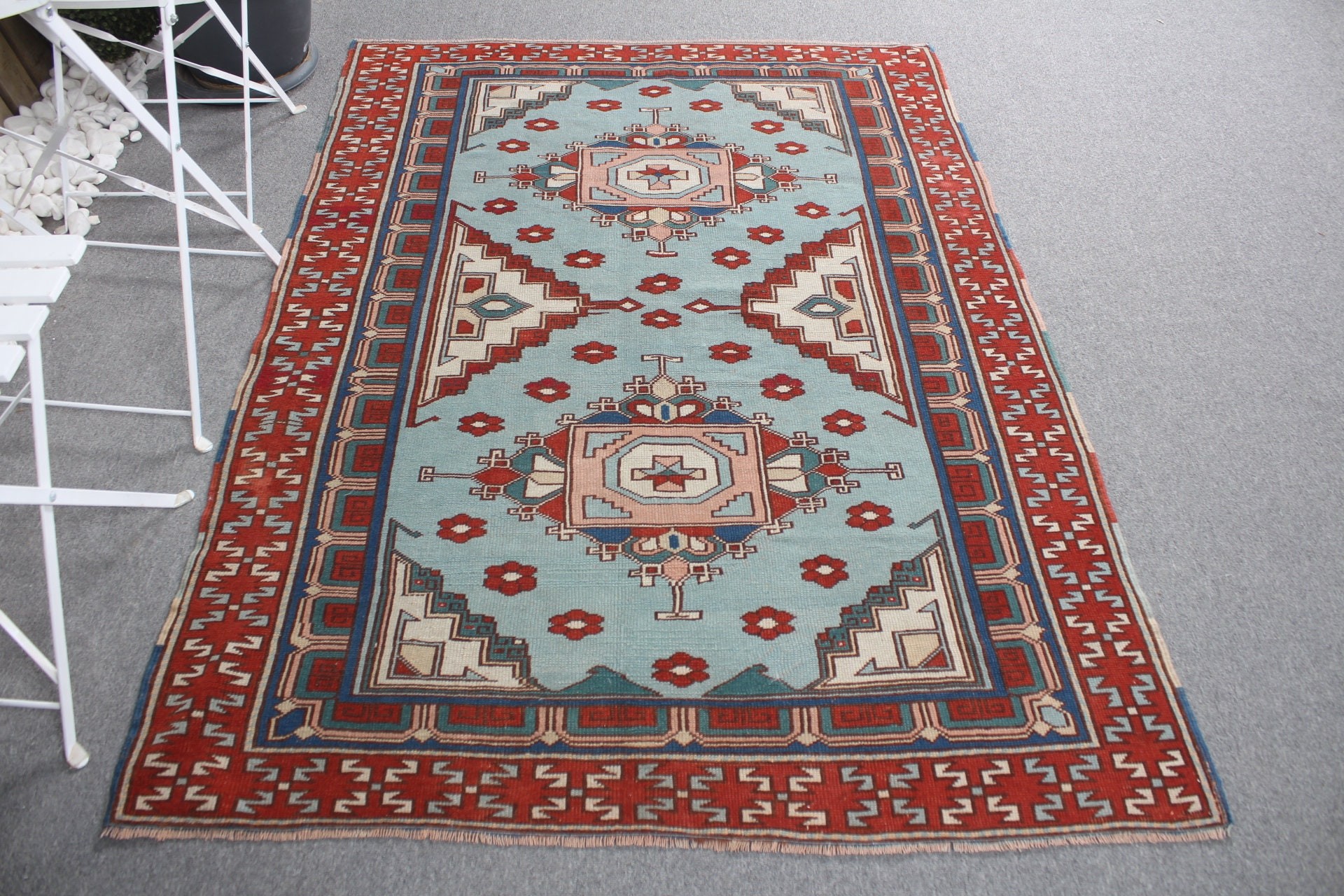 Oushak Halıları, Mavi Soğuk Halı, Türk Halısı, Türk Bölge Halısı Halıları, İç Mekan Halısı, 4,5x6,1 ft Alan Halısı, Vintage Halılar, Yün Halılar, Mutfak Halıları