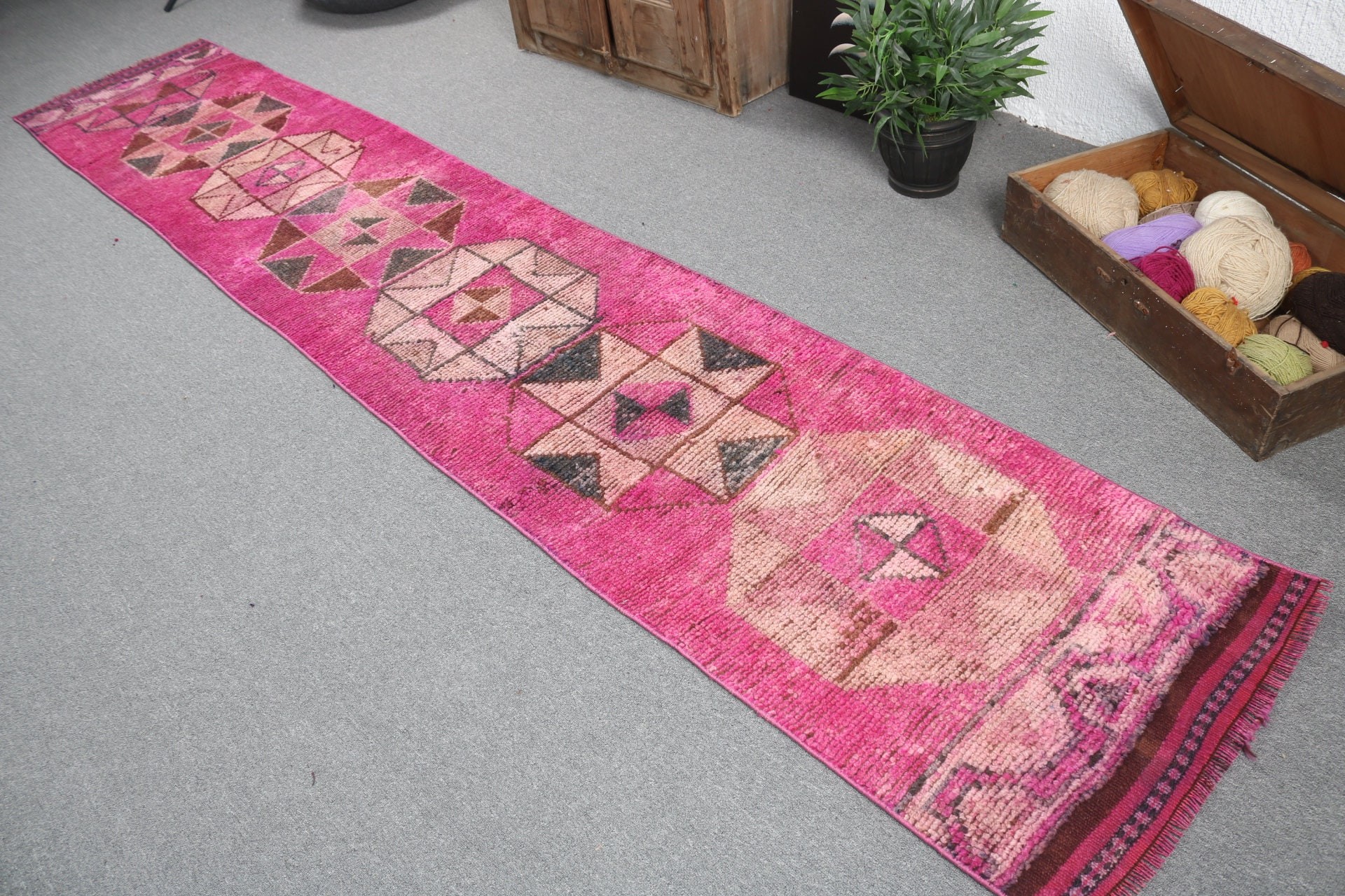 Turkish Rugs, Rugs for Runner, Wool Rug, Hallway Rugs, 2.2x12 ft Runner Rugs, Modern Rug, Corridor Rugs, Pink Cool Rug, Vintage Rug