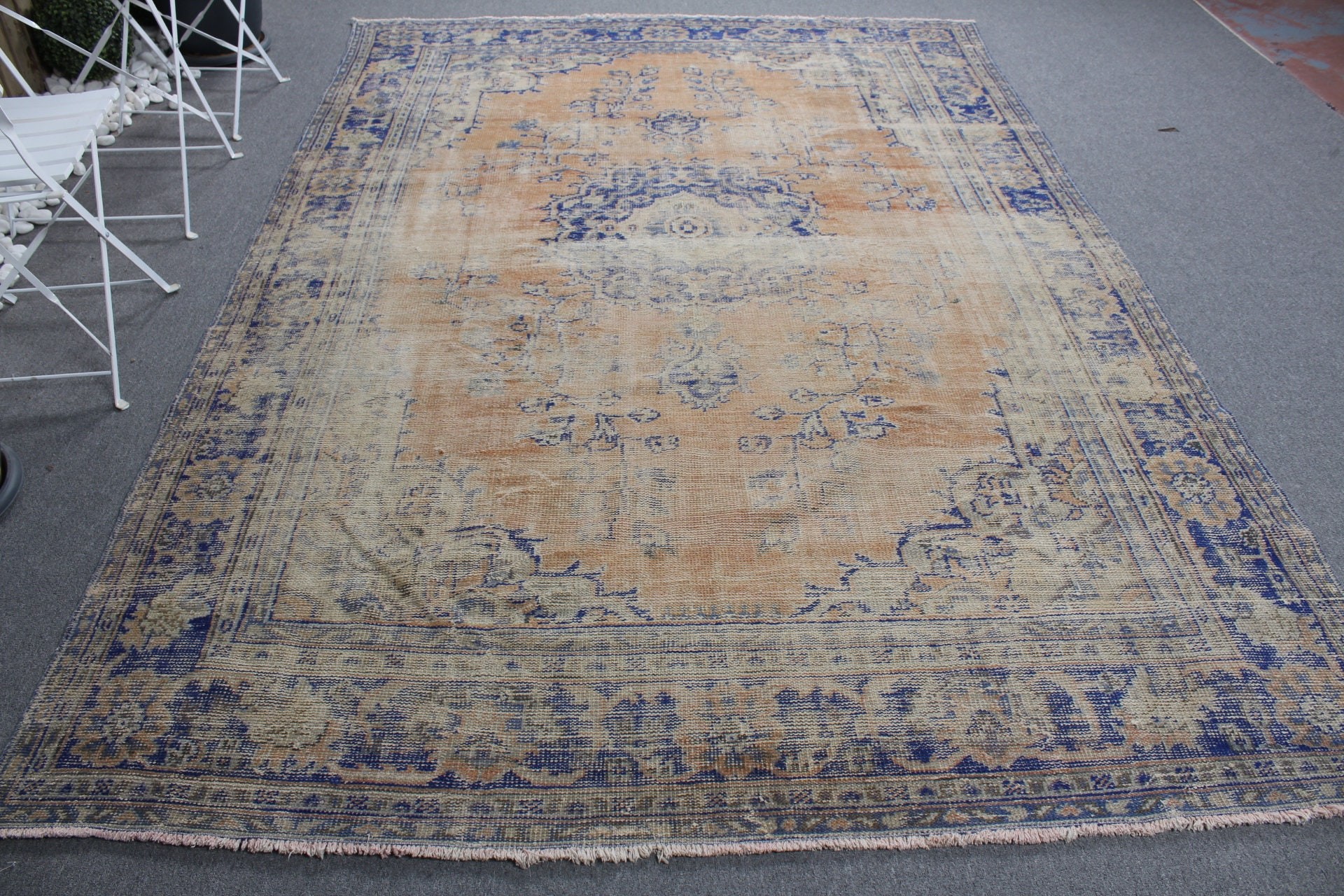 Turuncu Yer Halısı, Yatak Odası Halıları, Türk Halıları, Düz Dokuma Halı, Oturma Odası Halıları, Mutfak Halısı, 6.9x10 ft Büyük Halı, Vintage Halılar, Oushak Halı