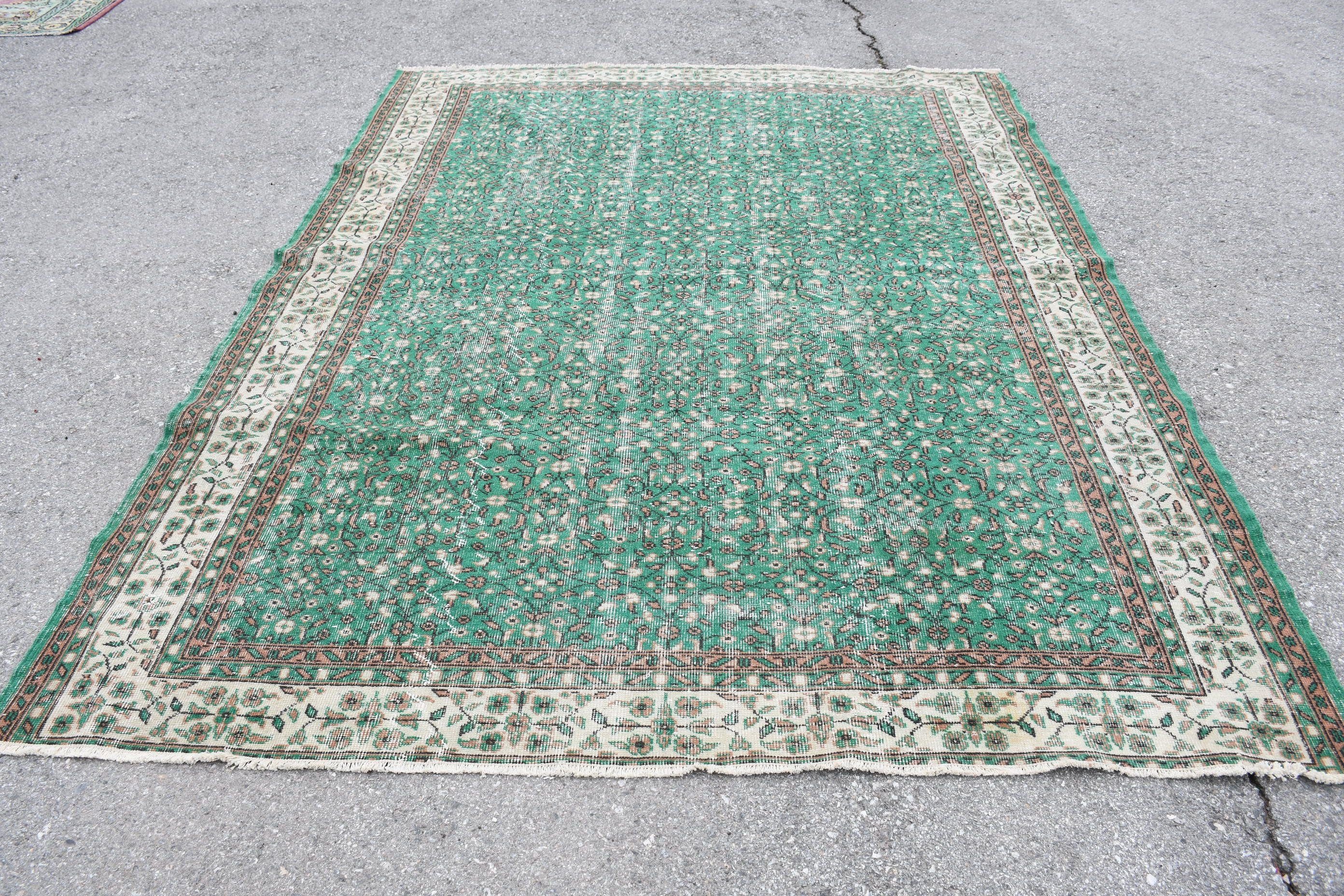 Vintage Halılar, Türk Halıları, Oturma Odası Halısı, Ev Dekor Halısı, 7.1x9.5 ft Büyük Halılar, Yeşil Yün Halı, Yemek Odası Halısı