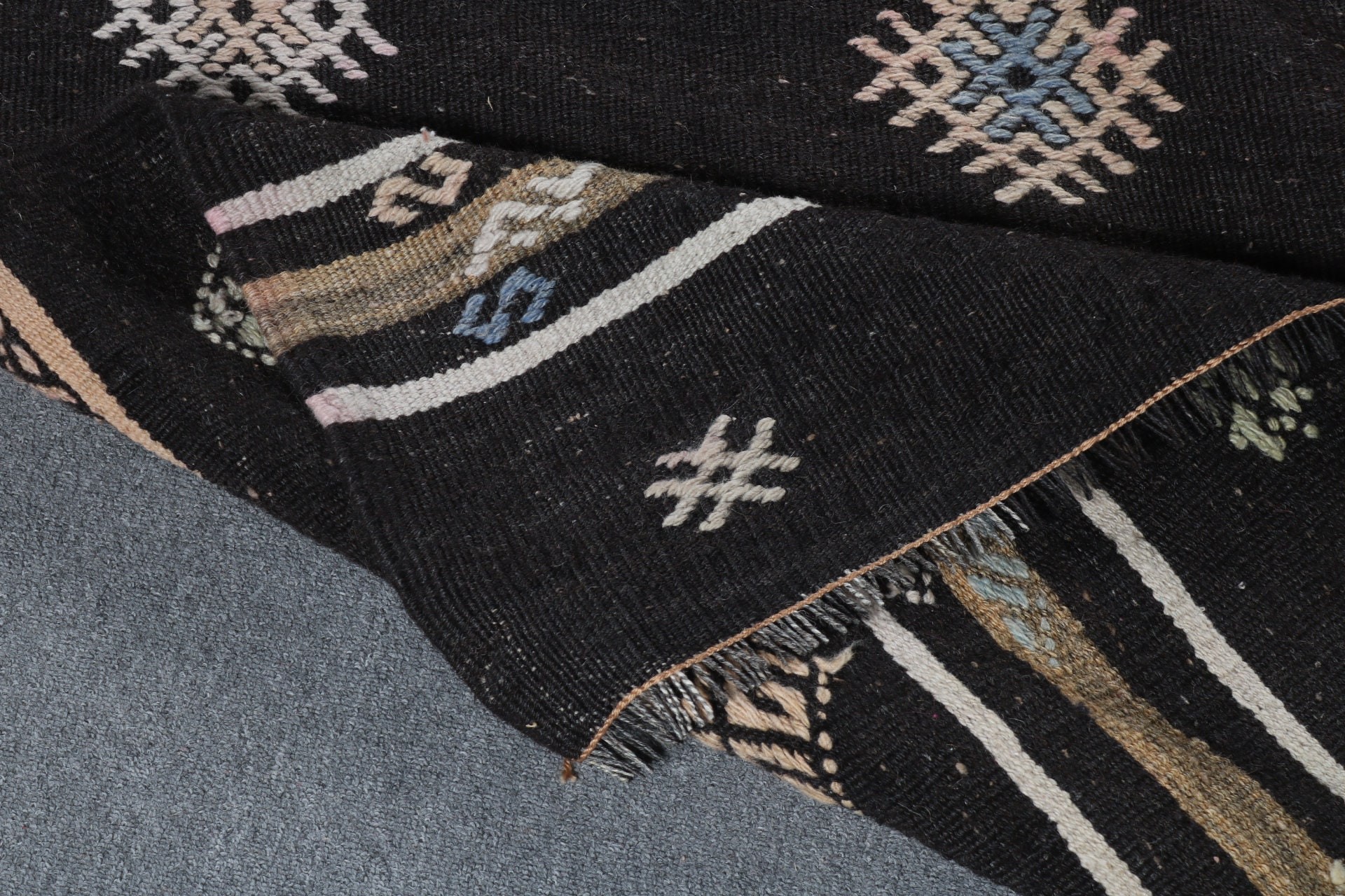 Turkish Rugs, Vintage Rug, Flatweave Rug, Large Oushak Rug, Black Wool Rugs, Kilim, Neutral Rug, Large Vintage Rug, 6.1x10.9 ft Large Rugs