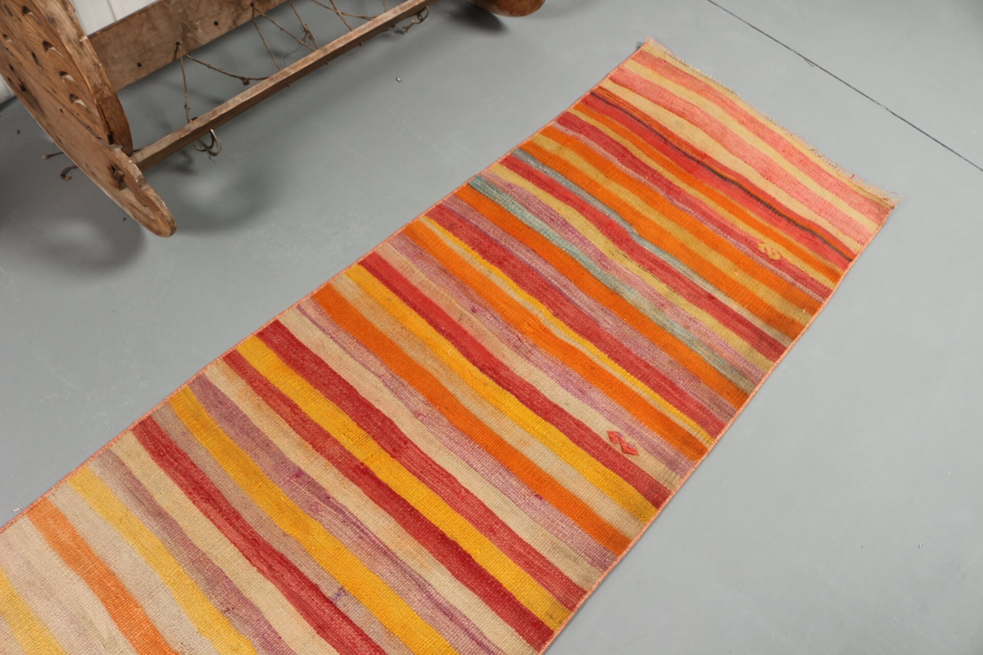 Kilim, Türk Halıları, Vintage Halılar, Mutfak Halısı, Yer Halıları, Turuncu Soğuk Halı, Koridor Halıları, 2,2x11,1 ft Yolluk Halıları