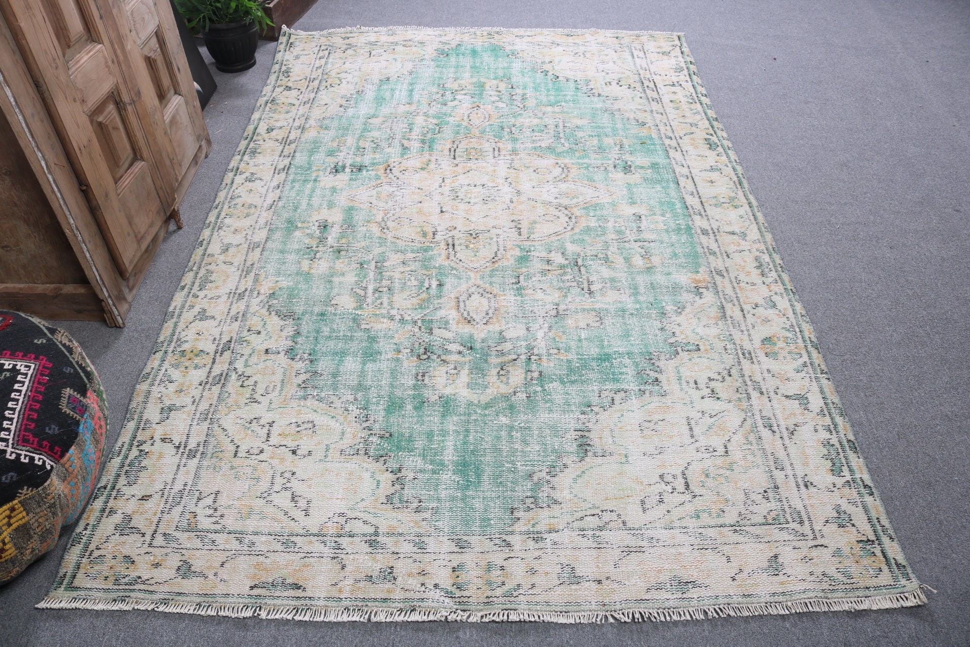 Yer Halıları, Vintage Halı, Yeşil Antika Halı, Anadolu Halıları, El Yapımı Halılar, Yatak Odası Halısı, Büyük Boho Halıları, 5.2x8.2 ft Büyük Halı, Türk Halıları