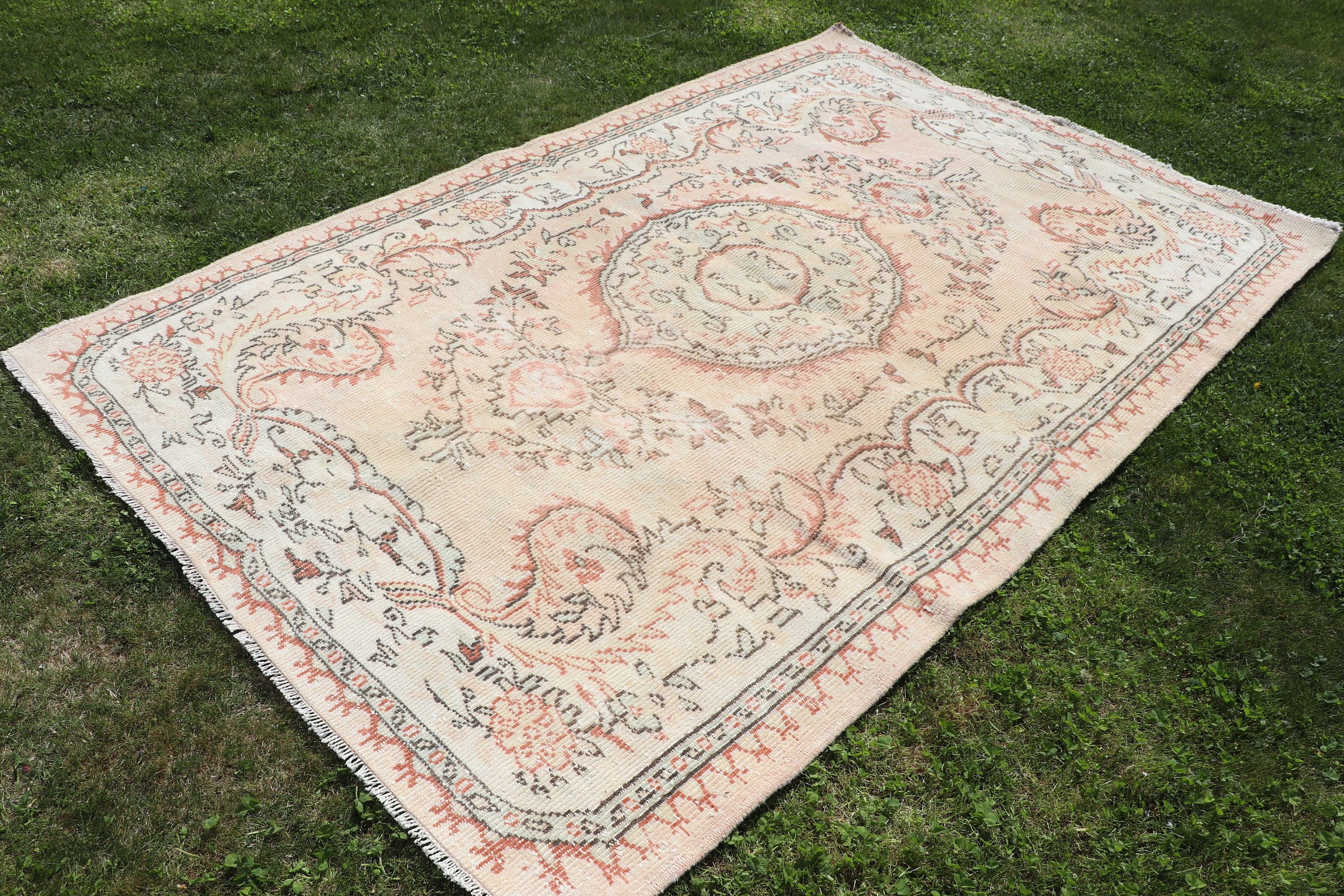 5.4x8.5 ft Büyük Halı, Türk Halısı, Büyük Oushak Halıları, Vintage Halı, El Dokuma Halı, Oturma Odası Halıları, Bej Oryantal Halı, Geometrik Halılar