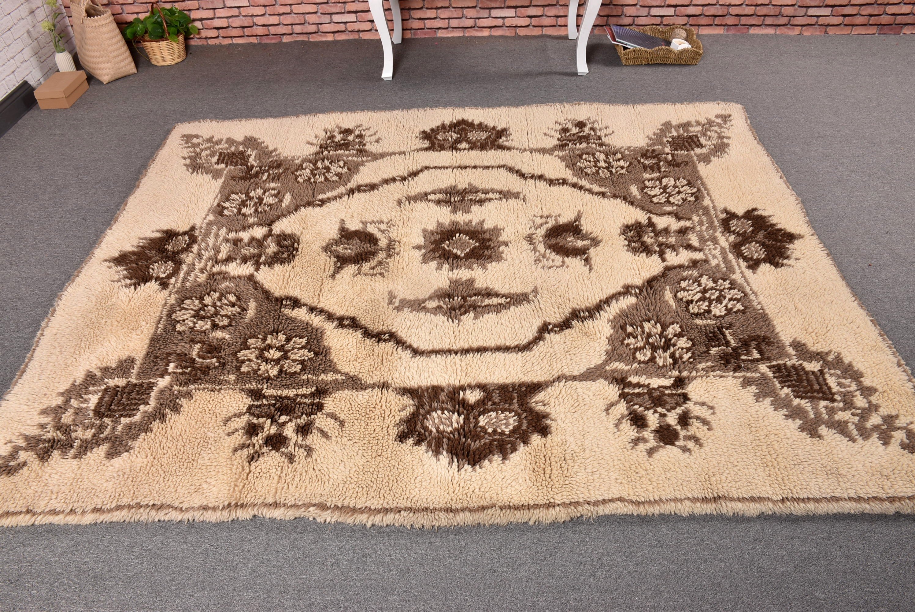 Turkish Rugs, Vintage Rugs, 5.8x6.9 ft Large Rugs, Salon Rug, Home Decor Rug, Beige Home Decor Rug, Large Vintage Rug, Flatweave Rug