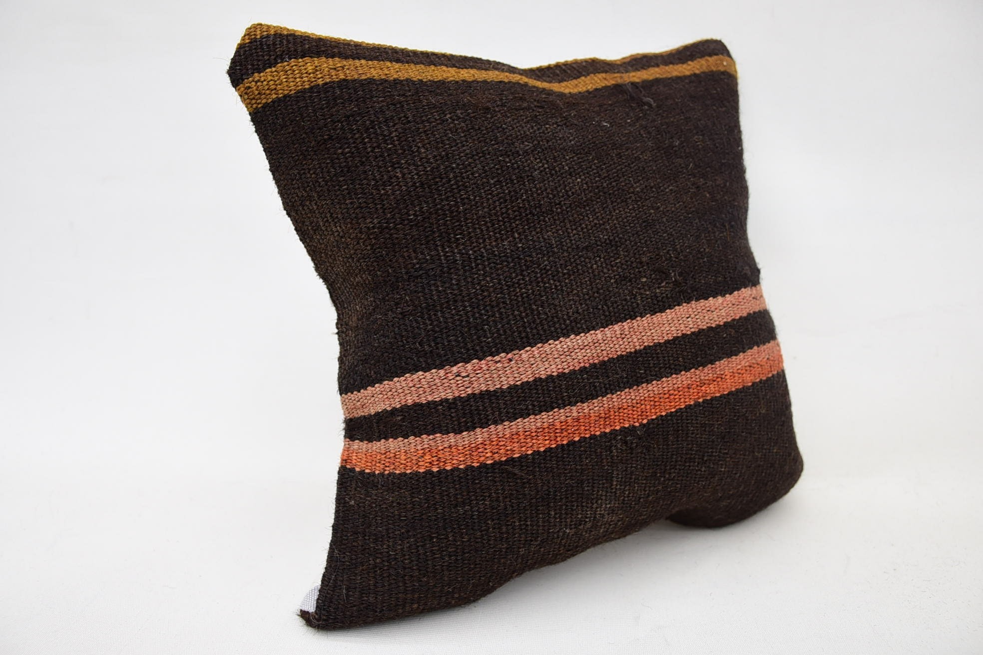 Outdoor Throw Pillow, Handmade Kilim Cushion, Turkish Kilim Pillow, Colorful Cushion Cover, 14"x14" Brown Pillow Case, Pillow for Couch
